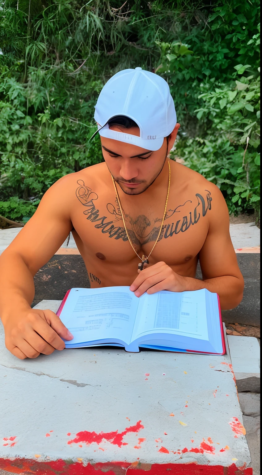 Homem tarafe sentado em uma mesa lendo um livro, Lendo novo livro, Ler um livro, Estudar, tentando ler, he is holding a large book, tentando estudar, Usando tatuagens sipibo, bem editado, estudioso, conhecimento intenso, dramatic reading spell book pose, estudante, Segurando um livro, holding spell book, aesthetic shot, cyberponk style, Traching de raias、HDR、Design racional、tmasterpiece、melhor qualidade、hiper HD、cinmatic lighting)