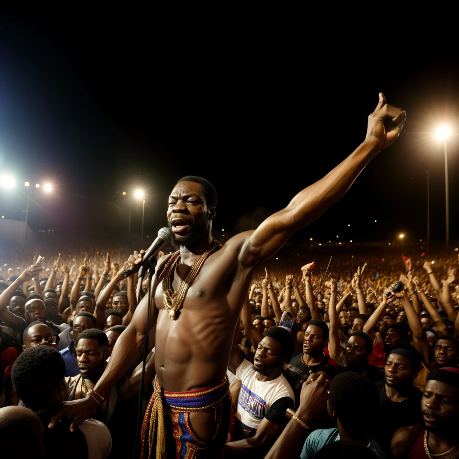 Show an image of Fela Kuti on stage, passionately singing and speaking out against political corruption and injustice, with a crowd of supporters.