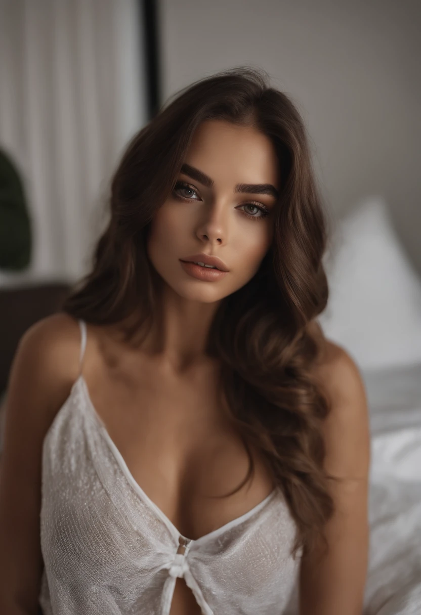 Arafed mujer con ropa blanca, Chica sexy con ojos marrones, Retrato Sophie Mudd, brown hair and large eyes, selfie de una mujer joven, Ojos del dormitorio, Violeta Myers, sin maquillaje, Maquillaje natural, staring directly into camera, cara con artgram, maquillaje sutil, Impresionante foto de cuerpo completo, En el dormitorio, escote