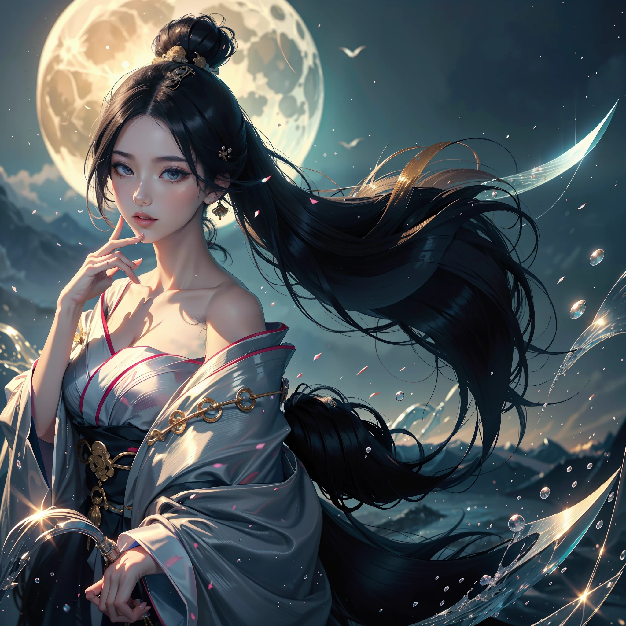 watching at viewers、moon in background、poneyTail、Woman with shiny black hair、((Gorgeous kimono))、Depict a beautiful and graceful woman of Japan。Heart in the eye。full body Esbian。 Beautiful anime art wallpaper 8k, beautiful fantasy anime, Beautiful anime, Detailed anime artwork.Blur the background with a sickle,((masterpiece)), ((best quality))