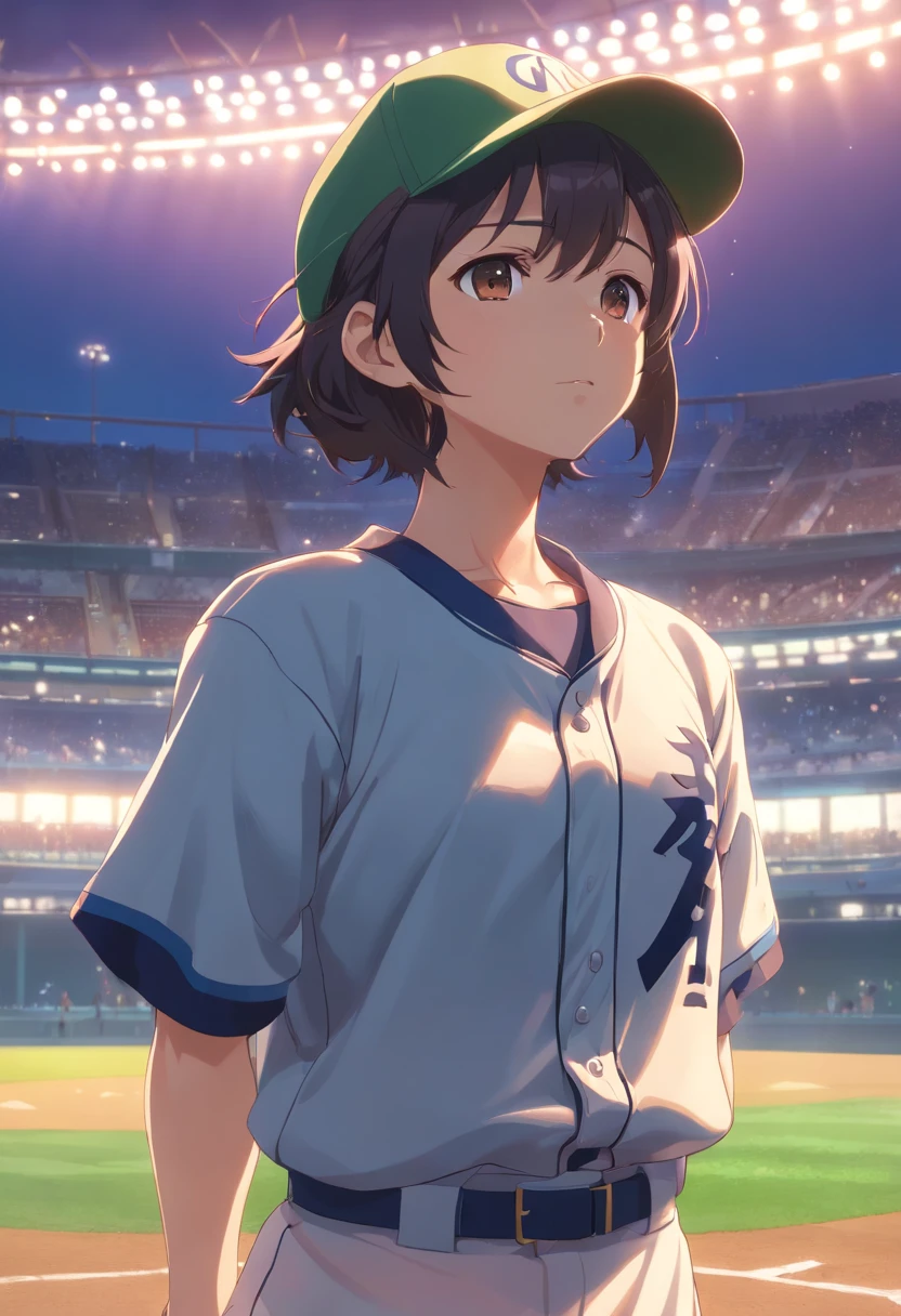 thick chest:1.3)、(masterpiece、top-quality:1.4)、(Beautiful fece、Aesthetic、flawless、delicate、Convoluted:1.2)、1男孩、Adults(elvish:0.7)male people、Shaved head、dark brown eyes、Wearing a baseball cap、with round face、独奏、The upper part of the body、looking-down、细致背景、Pitching form、Baseball Uniforms、ornamented、dynamicposes、Inside the baseball field、Dramatic lighting、epic atmosphere、