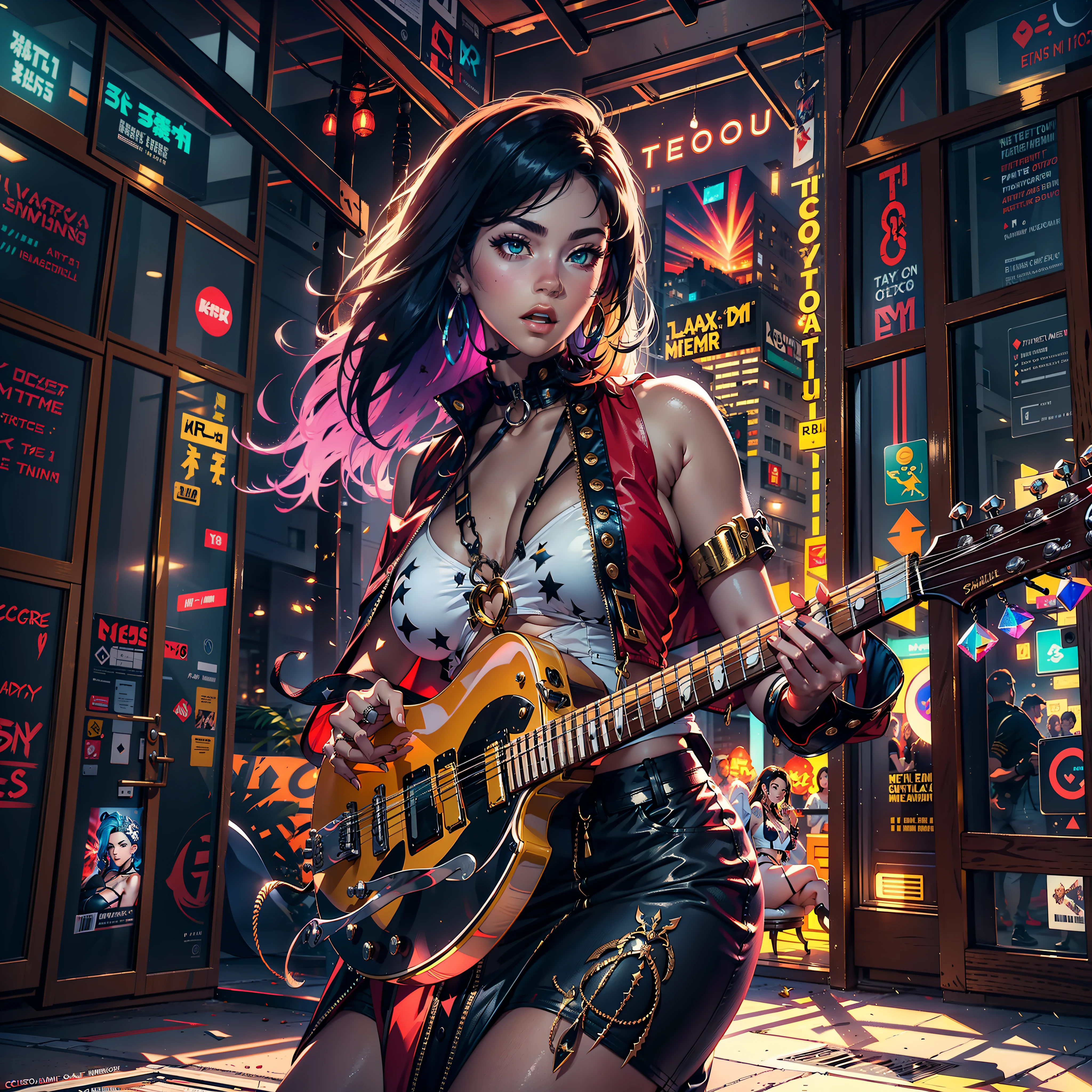matrix Masterpiece epic girl Diva Urban deep path Jinx play handled guitar optimal sunLight meticulously intricate luminescence volumetric lightning contrast ultra_high_resolution ultra pro-Photorealistic ultra_high_quality ultra_sharpness focus accurate max perfection reflex graduated reflection extreme improved Octane-rendered opengl-shaders glsl-shader UHD XT3 64K 32K 16K 8K DSLR HDR UnrealEngine5 romm rgb pbr ombre analogique color-coded shading 3DCG fxaa global illumination cgi vfx sfx fkaa txaa rtx ssao post-processing post-production cell-shading tone-mapping augmented Divine female synthetic headgear glass transparent "singning" micro mercury gold sundrop contre-jours "Heavy Metal" scene music floraison Will-o'-the-wisp cyberpunk Goddess "Selena Gomez" dazzling play guitar Cosplay decorated Cowgirl USA flag Fancy Vivid Yellow jukebox Symmetrical Athletic Hairstyle Dreads bangs extatique Tamned Skin gorgeous sensual Effects Cheekbones Embarrassed redderer eye-liner saphirs saturate ultra_beautiful_eyes dark black pupils brown iris lazulis turquoise mouth open tongue teeth obvious smiles howling Floating Jacket Eccentric Cape onyx Shoulders-Off Shirt Lace Clavicles White Papillotes embroidered breasts huge falling sideboob satin corsait red thick leather felt skirt matching ample swinging spinel navel waist reveal belt-chastity heart diamond padlock silver agate pubis bristles scarlet pubis-hairy indigo silk snap garters thighs legs boots, dancer nickel guitar fire fleuraison bees tin incandescentes CGSCOSITY tattoo Cristallines hearth rubis invoque monster bee (EOS R6 135mm 1/1250s f/2.8 ISO400) blastflashlight flash blow glow opale straight guitar case heavy chrome flat rune lava bands glyphes Tourmaline plasma chef-d' equirectangular 360 background beholder chaos strange population Earth outdoor mirror engravings handcuff Bruce_Weber girls sex "luis Royo" naked nsfw varied multi etc.