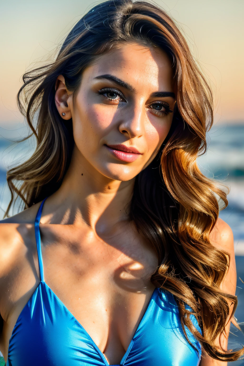 ((medium shot)), best quality, masterpiece, 8k wallpaper, Amazing, (high detailed skin:1.4), beautiful 26 years old (italian woman:1.4), extremely detailed eyes and face, cinematic lighting (highly detailed very long beautiful wavy hair:1.3), wearing swim suit on beach , SFW