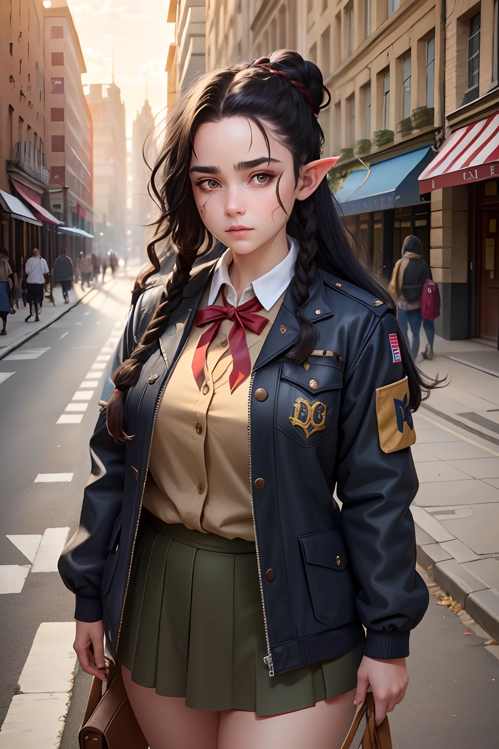 1girl,tiefling, solo, pear-shaped face, beautiful, finely detailed beautiful eyes,black hair, braided hair, long hair,scar, visible scar, skin imperfection,fantasy creature,scout uniform, scout, outdoors, nature, dodger, jacket, street, urban, city