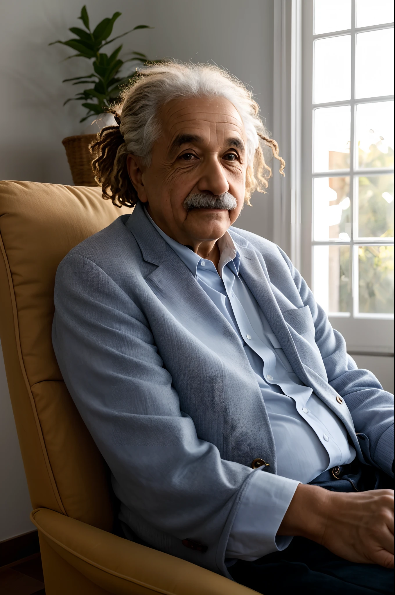 retrato de Albert Einstein , casa velha, sitting in a comfortable armchair, raia de luz solar batendo no rosto, pose casual, esthetic, intrincada, caustic, raios de luz, luz solar