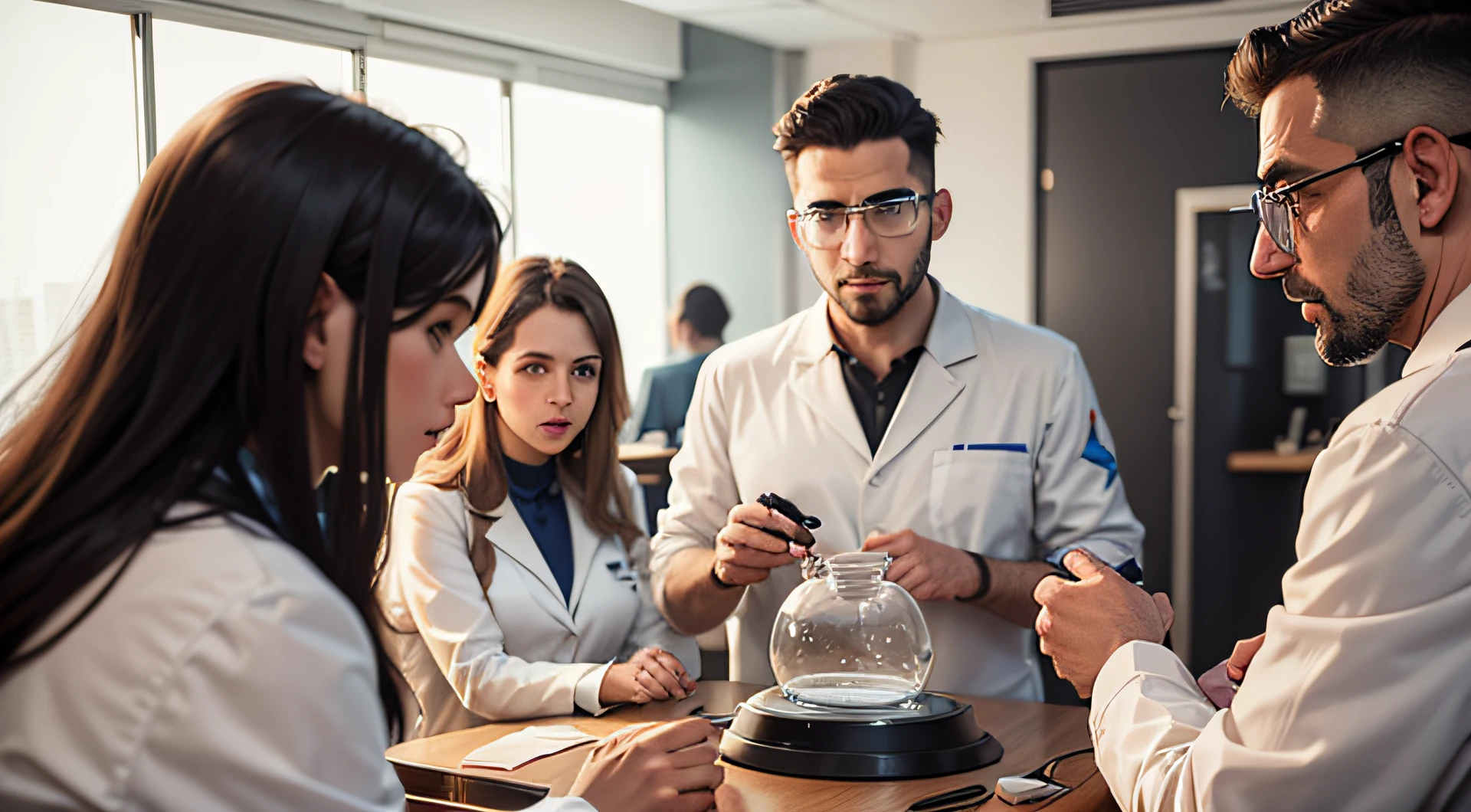 a group of scientists, men and woman from Tel Aviv conducts a psychological experiment with people