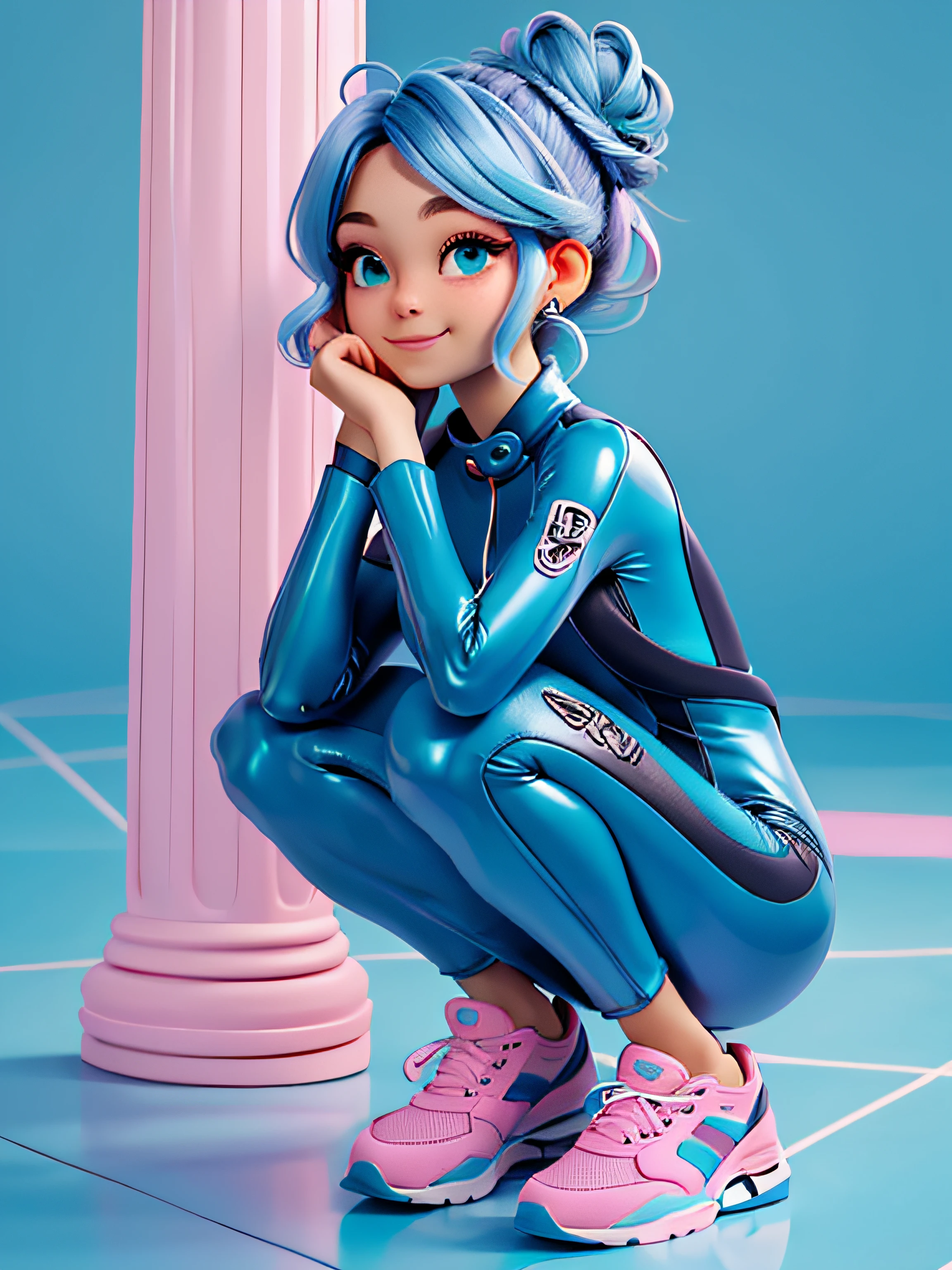 uma loli menina, Your hair is stuck in a messy bun, dread's, rosa e azul mesclado, catsuit, sneaker, corpo inteiro, The background is filled with a pastel shade of light blue, evoking a sense of lightness and happiness.