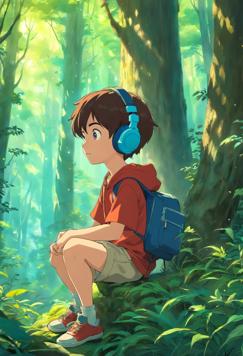 A geek-style young with headphones listening way under a magical forest