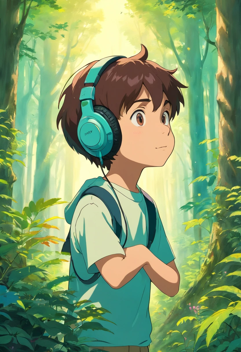 A geek-style young with headphones listening way under a magical forest