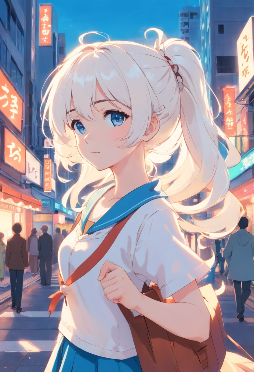 white color hair，Double ponytail curls，blue color eyes，White Lolita，Beth，A bustling city street