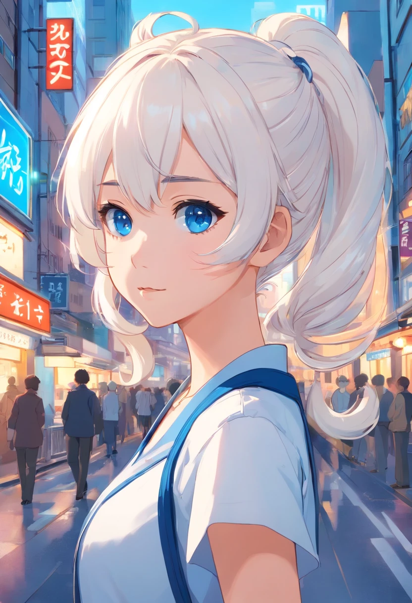 white color hair,Double ponytail curls,blue color eyes,White Lolita,Beth,A bustling city street