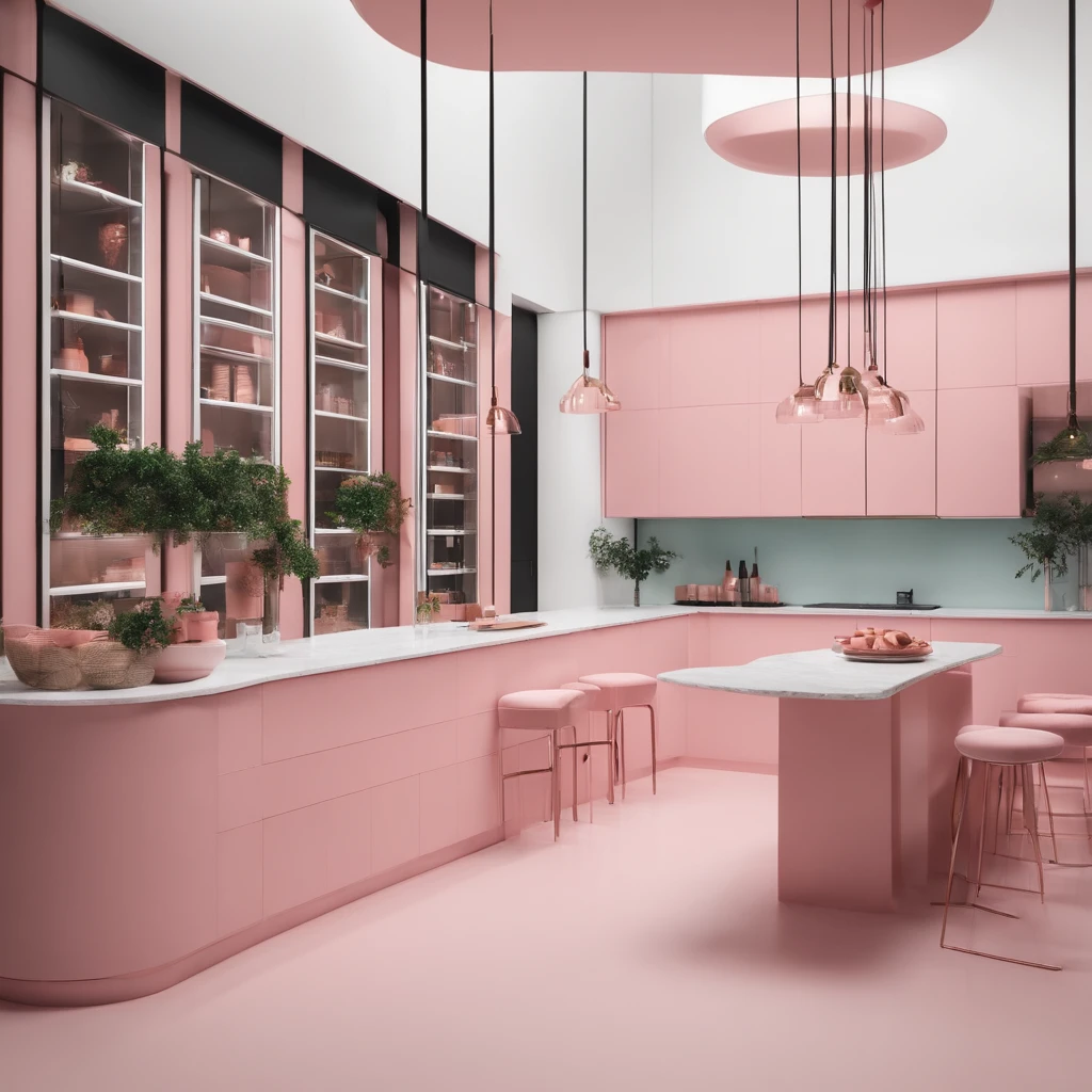 doceria por dentro, com a paleta de cor rosa e branca, no estilo minimalista