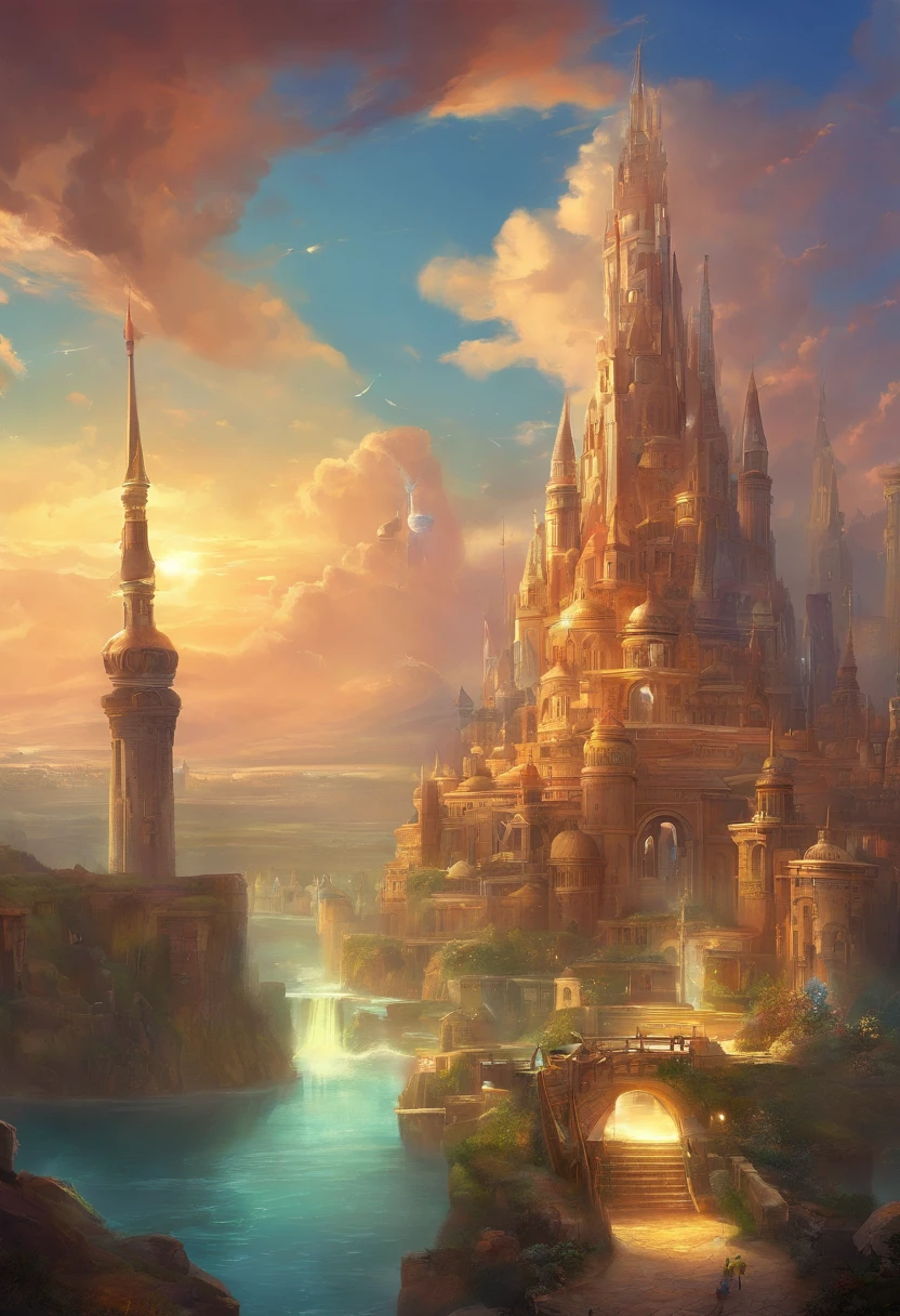 Sidon style, City of Progress, futuristic city, utopian world, brilliant gorgeous colors, thriving buildings, high-end clothing and architectural designs, luxurious buildings, utopian future, high detail, HDR, perfect, stunning progressive architecture, flawless world, reflective surfaces, subsurface scattering, flawless buildings, beyond imagination, 8K, global lighting, wide angle, divine rays, dream world