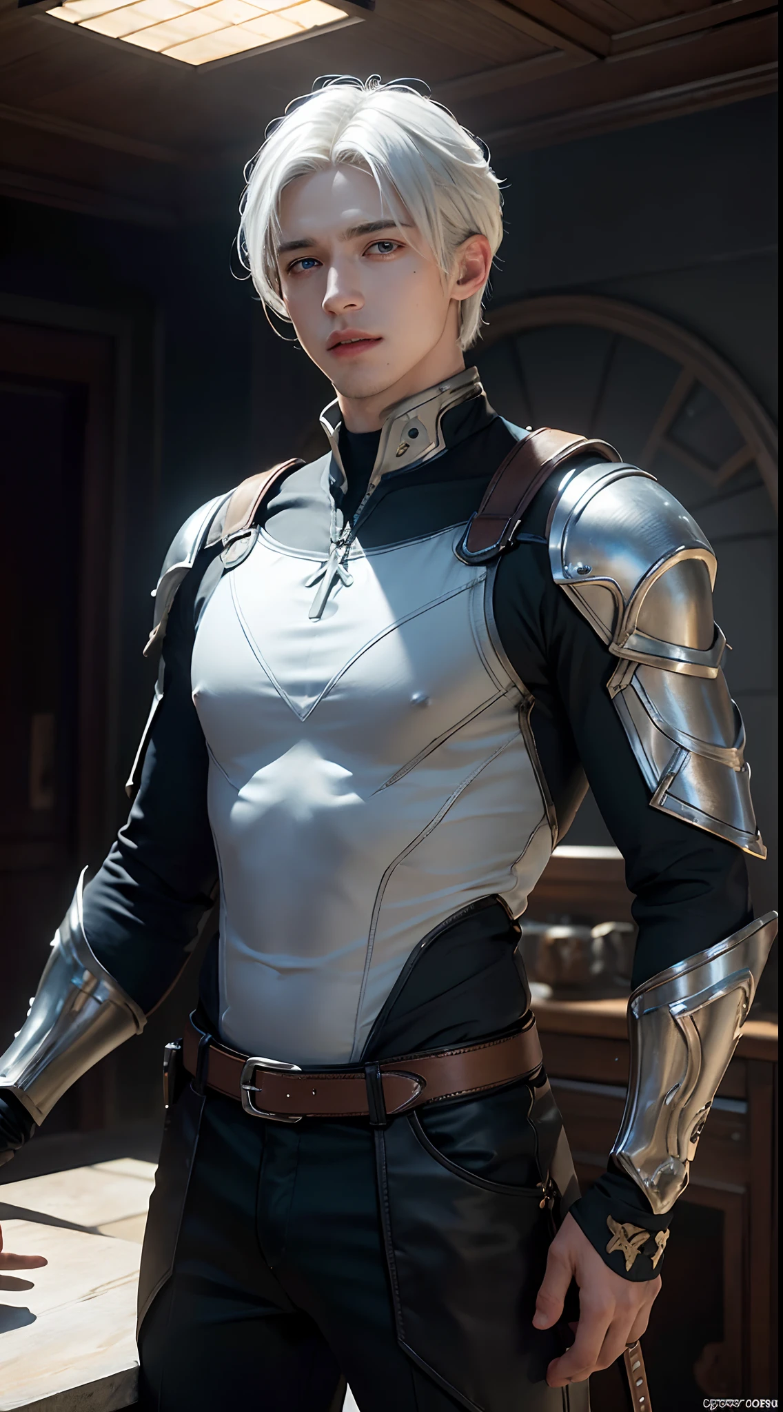((Best quality)), ((masterpiece)), (detailed:1.4), 3D, an image of a beautiful fantasy Male,HDR (High Dynamic Range),Ray Tracing,NVIDIA RTX,Super-Resolution,Unreal 5,Subsurface scattering,PBR Texturing,Post-processing,Anisotropic Filtering,Depth-of-field,Maximum clarity and sharpness,Multi-layered textures,Albedo and Specular maps,Surface shading,Accurate simulation of light-material interaction,Perfect proportions,Octane Render,Two-tone lighting,Wide aperture,Low ISO,White balance,Rule of thirds,8K RAW, ((Handsome young man:1)) , White hair , very Short hair , Blue eyes , light skin , muscular, age 28