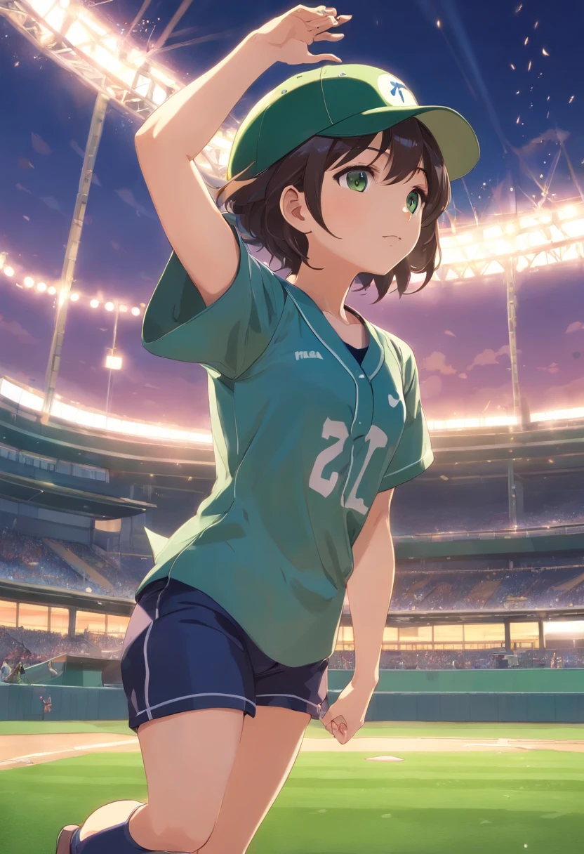thick chest:1.3)、(masterpiece、top-quality:1.4)、(Beautiful fece、Aesthetic、flawless、delicate、Convoluted:1.2)、1男孩、Adults(elvish:0.7)male people、hair is short、Shaved head、dark brown eyes、Wearing a baseball cap、with round face、独奏、The upper part of the body、looking-down、细致背景、Pose throwing a baseball、Green Baseball Uniforms、ornamented、dynamicposes、Inside the baseball field、Dramatic lighting、epic atmosphere、