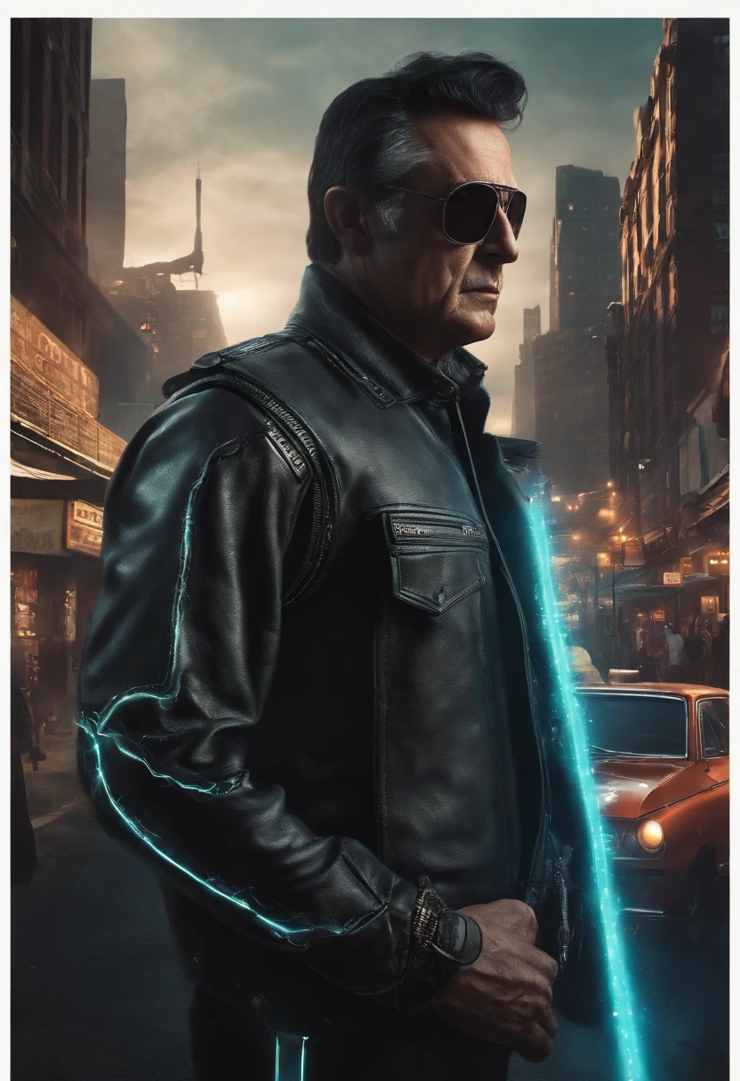 (best quality,4k,8k,Alto,master part:1.2),ultra-detalhado,Realistic,xerife cyberpunk Johnny Cash,glowing neon lights,leather jacket,cybernetic arm,cowboy hat,olhos expressivos,restolho de prata,paisagem urbana arenosa,retro-futuristic setting,Smoke-filled streets,reflective sunglasses,dystopian atmosphere,tatuagens com tema musical,Electric guitar,arame farpado,Technological enhancements,bionic implants,Armamento futurista,steel spurs,Selva de pedra,aventura noturna,High-tech revolver,Fierce determination,Detetive fervido,Western-inspired cyberpunk,paleta de cores escura e mal-humorada,Flare de tons azuis e roxos,dynamic lighting,motocicleta fortemente modificada,metallic details,fast-paced action,smoky alleys,impending skyscrapers,Artificial Intelligence Companion,Casas noturnas lotadas,Holographic billboards,explosions of vibrant colors,Sepia-toned memories,Justice in disguise,Sharp shadows and enhancements,Visuais de alto contraste,Retro analog vibe,Lone wolf in the metropolis,mistura de passado e futuro,Unforgiving wastelands,picos de energia,trilha sonora de techno-music,silhuetas retroiluminadas,aura de rebeldia.