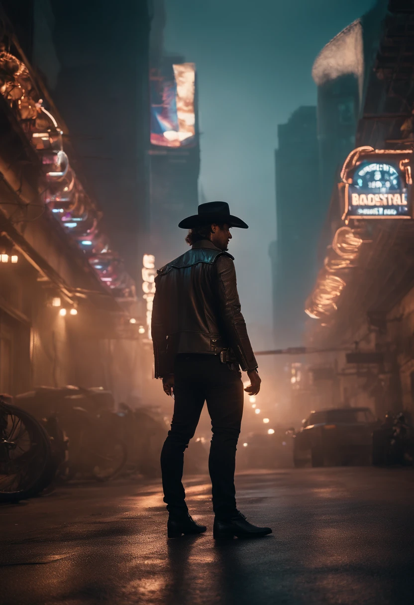 (best quality,4k,8k,Alto,master part:1.2),ultra-detalhado,Realistic,xerife cyberpunk Johnny Cash,glowing neon lights,leather jacket,cybernetic arm,cowboy hat,olhos expressivos,restolho de prata,paisagem urbana arenosa,retro-futuristic setting,Smoke-filled streets,reflective sunglasses,dystopian atmosphere,tatuagens com tema musical,Electric guitar,arame farpado,Technological enhancements,bionic implants,Armamento futurista,steel spurs,Selva de pedra,aventura noturna,High-tech revolver,Fierce determination,Detetive fervido,Western-inspired cyberpunk,paleta de cores escura e mal-humorada,Flare de tons azuis e roxos,dynamic lighting,motocicleta fortemente modificada,metallic details,fast-paced action,smoky alleys,impending skyscrapers,Artificial Intelligence Companion,Casas noturnas lotadas,Holographic billboards,explosions of vibrant colors,Sepia-toned memories,Justice in disguise,Sharp shadows and enhancements,Visuais de alto contraste,Retro analog vibe,Lone wolf in the metropolis,mistura de passado e futuro,Unforgiving wastelands,picos de energia,trilha sonora de techno-music,silhuetas retroiluminadas,aura de rebeldia.