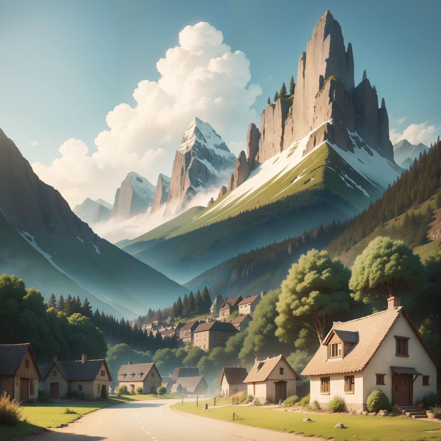 A Quiet Village, Located at the foot of a majestic mountain, in the style of The Simpsons.