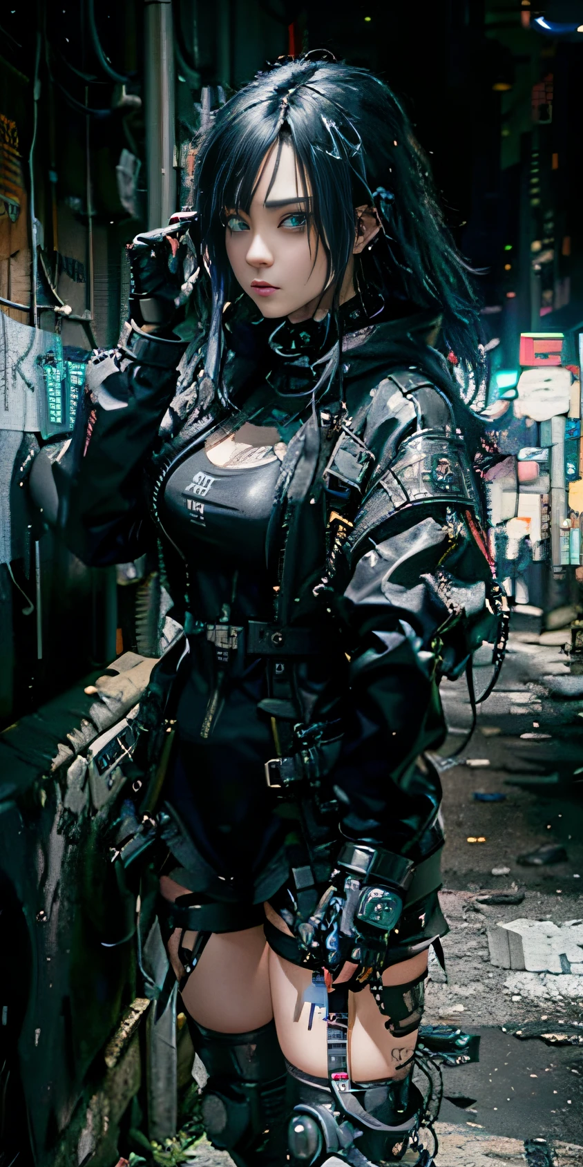 there is a woman in a black outfit standing in a alley, wearing techwear and armor, jet black haired cyberpunk girl, female cyberpunk anime girl, all black cyberpunk clothes, cyberpunk suit, female cyberpunk, photograph of a techwear woman, gothic - cyberpunk, cyberpunk women, goth cybersuit, cyberpunk techwear, cyberpunk outfit, cyberpunk anime girl, cyberpunk fashion clothing