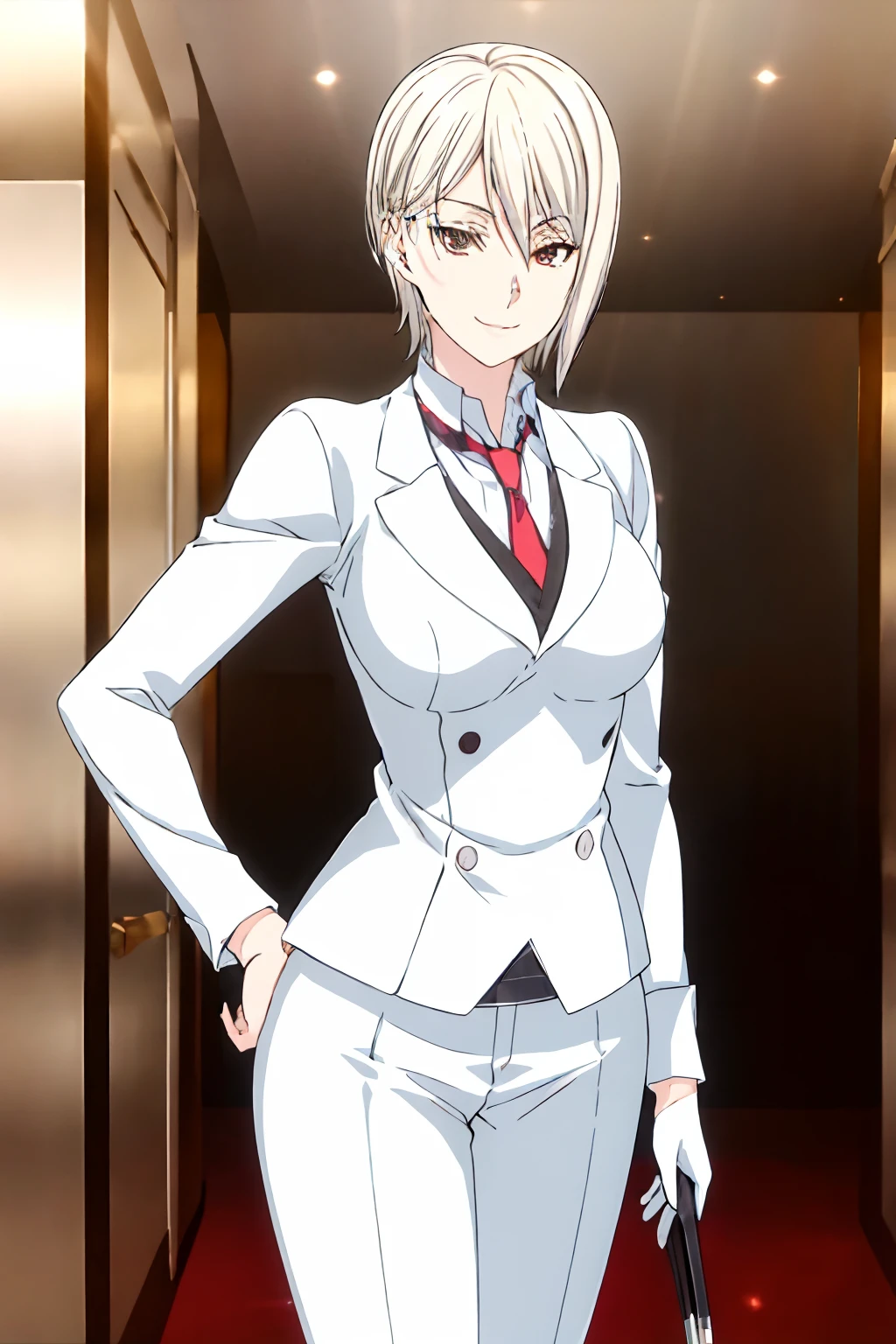 alice, smile, 1girl, solo, short hair, white hair, detailed face, soft light, masterpiece, wearing tailcoat formal , wearing necktie , wearing white gloves, white pants shot, hand on hips,butler formal, badass