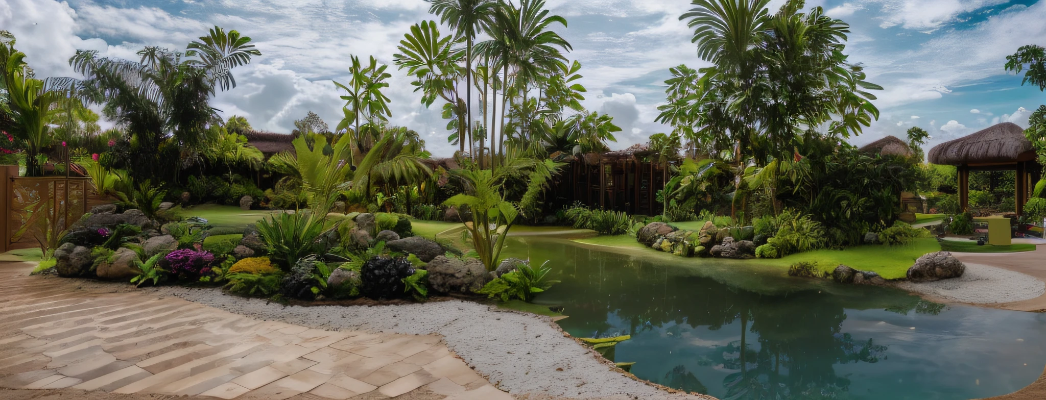 there is a pond in the middle of a garden with a gazebo, tropical setting, many plants and infinite pool, tropical pool, next to a tropical pool, lush oasis, above lush garden and hot spring, with a fishpond and courtyard, lush garden surroundings, tropical landscape, lush landscape, garden landscape, lush garden in the background, lush landscaping,RAW photo,Masterpiece, high quality, best quality, authentic, super detail, 8k uhd, dslr, high quality,exterior,resort,philippines resort,bali living,nature,(create special projects:1.5)
(day:1.1), vivid colour, vray