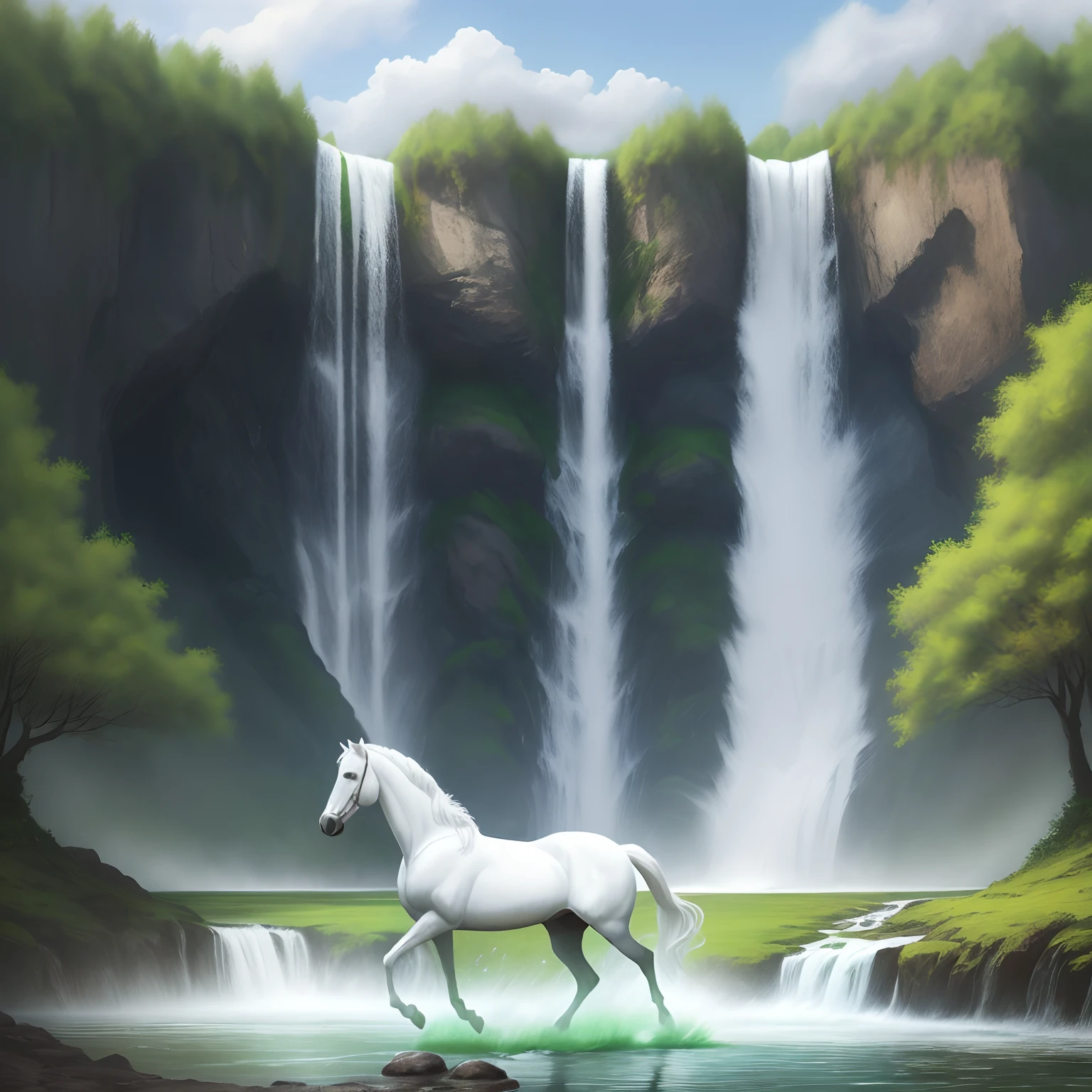 with a waterfalls，There are green meadows, There is a tall and handsome white horse，No Man