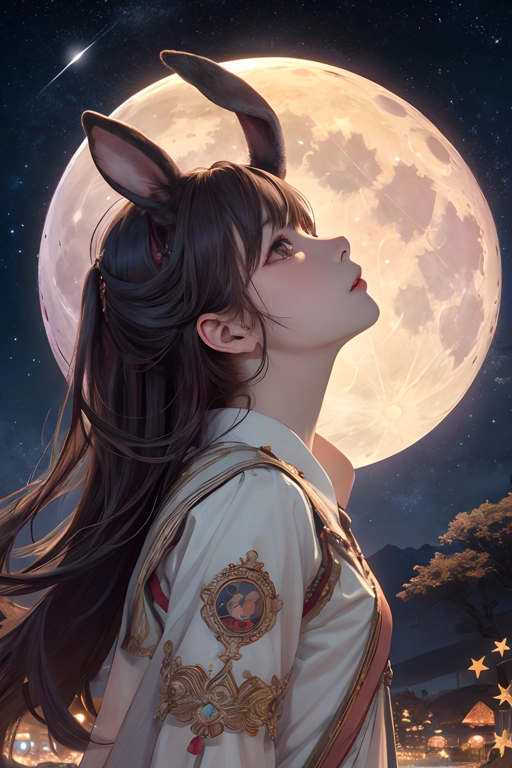 VISUAL STYLE: Detailed, GENRE: Masterpiece, ITEM(S): Very Beautiful Girl, TIME PERIOD: N/A, COLOR: White, ASPECT RATIO: 9:16, FORMAT: Digital, FRAME SIZE: Ultra High Resolution, LENS SIZE: N/A, COMPOSITION: Sitting in the lotus position, hands pointing to the sides, LIGHTING: Dim, LIGHTING TYPE: Membranous, TIME OF DAY: Night, ENVIRONMENT: Exterior, LOCATION TYPE: Starry Sky, SET: N/A, CAMERA: N/A, LENS: N/A, FILM/RESOLUTION: Ultra High Resolution, TAGS: Detailed Anatomy, Flawless Anatomy, White Socks, Short Socks, Tattoo, Mantra Reading, Big Fluffy Hare, Red Moon, Detailed Eyes, Eyes of Different Colors, Detailed Face, Nudity, NfsW, Halo Around Head, Bare Shoulders.