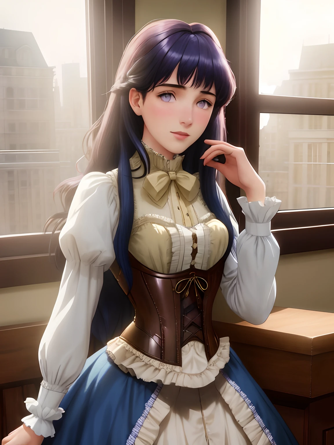 A beautiful girl (1girl:1.4), (solo:1.4), standing at a bay window, facing viewer, by Antoine Blanchard, by Casey Baugh, 18 year old woman, (freckles:0.8), pale, auburn hair, purple eyes, (Victorian princess corset dress:1.3), sunny (backlighting:1.3), (bloom:0.8), light shafts, (light sparkles:0.7), (lens flare:0.9), Style-Empire victorian city outside,Blunt Bangs, purple eyes, long dark blue hair