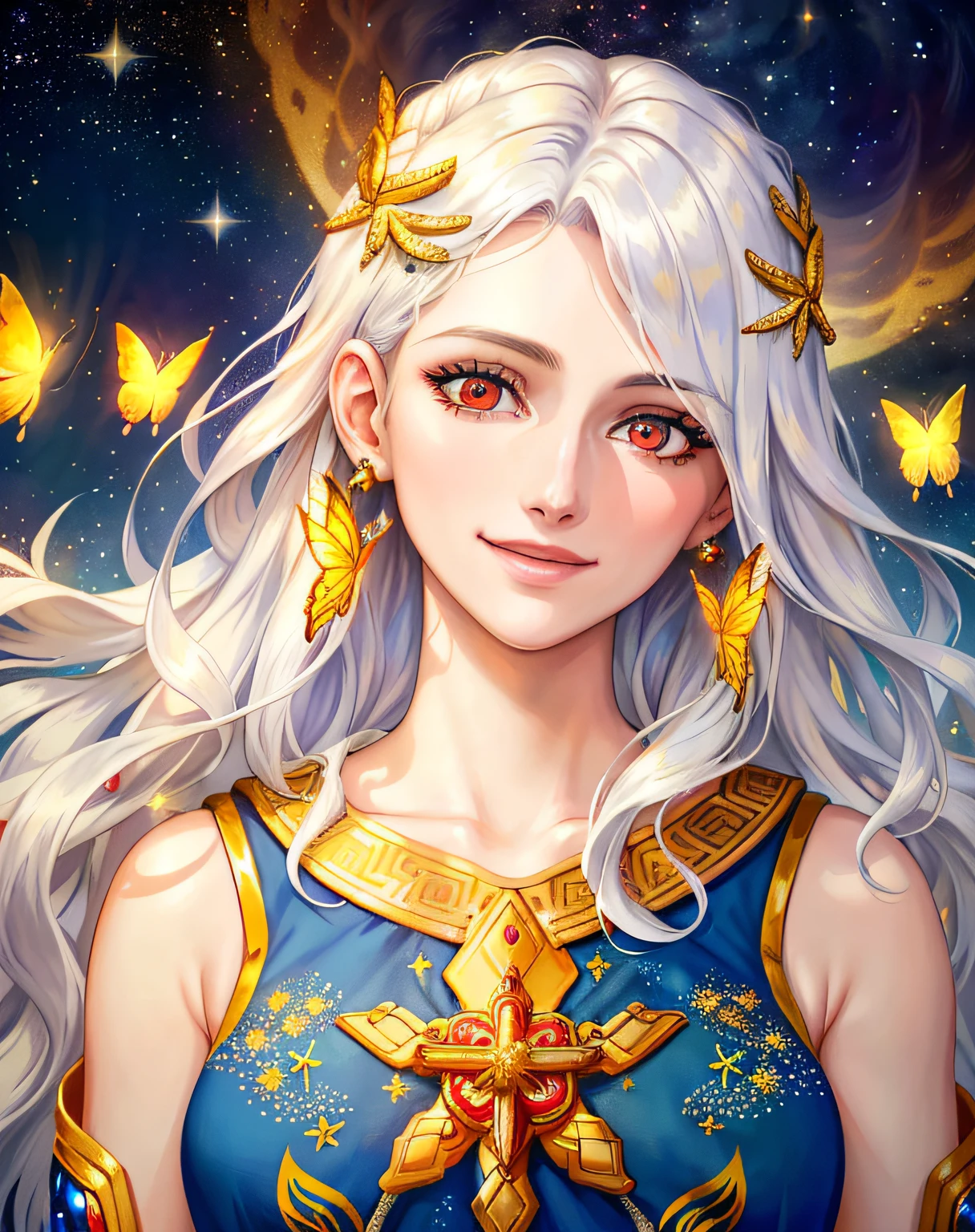 extremely detailed, hyper detailed, (PERFECT FACE), ((detailed eyes)) illustration, low lighting, 2d, intricate, detailed eyes, sexy, toned, (outside), White hair, red eyes. Surrounded by silver and gold nebulae, stars, sidereal winds and planets. ((extremely realistic shadows, masterpiece, extremely detailed, photorealistic)).  Goddess of hope and motherhood, a kind and loving smile is always present on her beautiful face. (1 woman20 years old) ((20 years old)), beautiful and motherly face, (loving eyes) simple smile, long wavy hair, she wears an ancient Greek tunic, surrounded by butterflies of golden light.