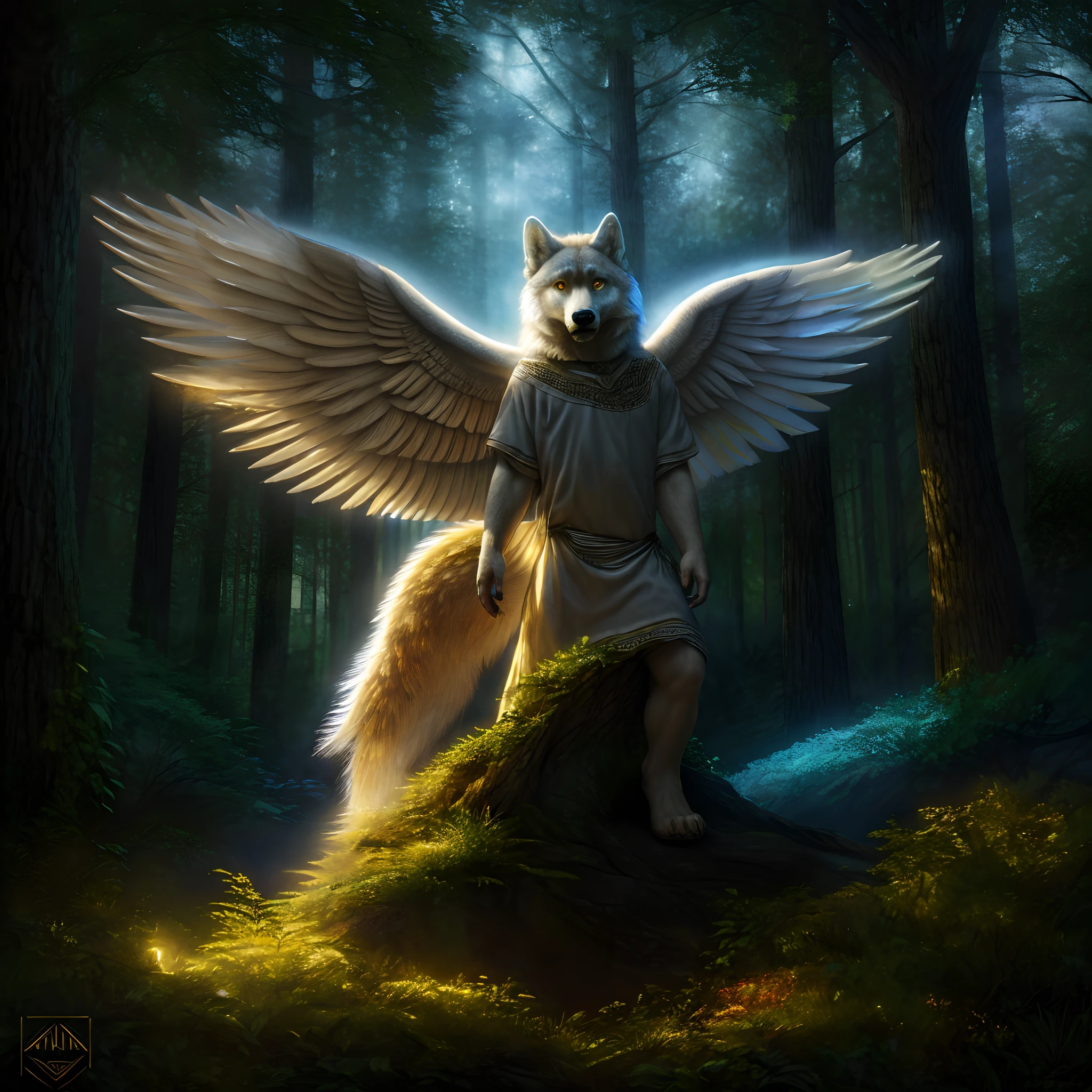 (best quality,highres:1.2),(realistic:1.37),beautiful white angel wings,detailed golden eyes,detailed wolf face,strong and confident posture,dark background,vivid colors,soft lighting,subtle shadows,ethereal atmosphere,wisdom and mystery,enchanted forest theme