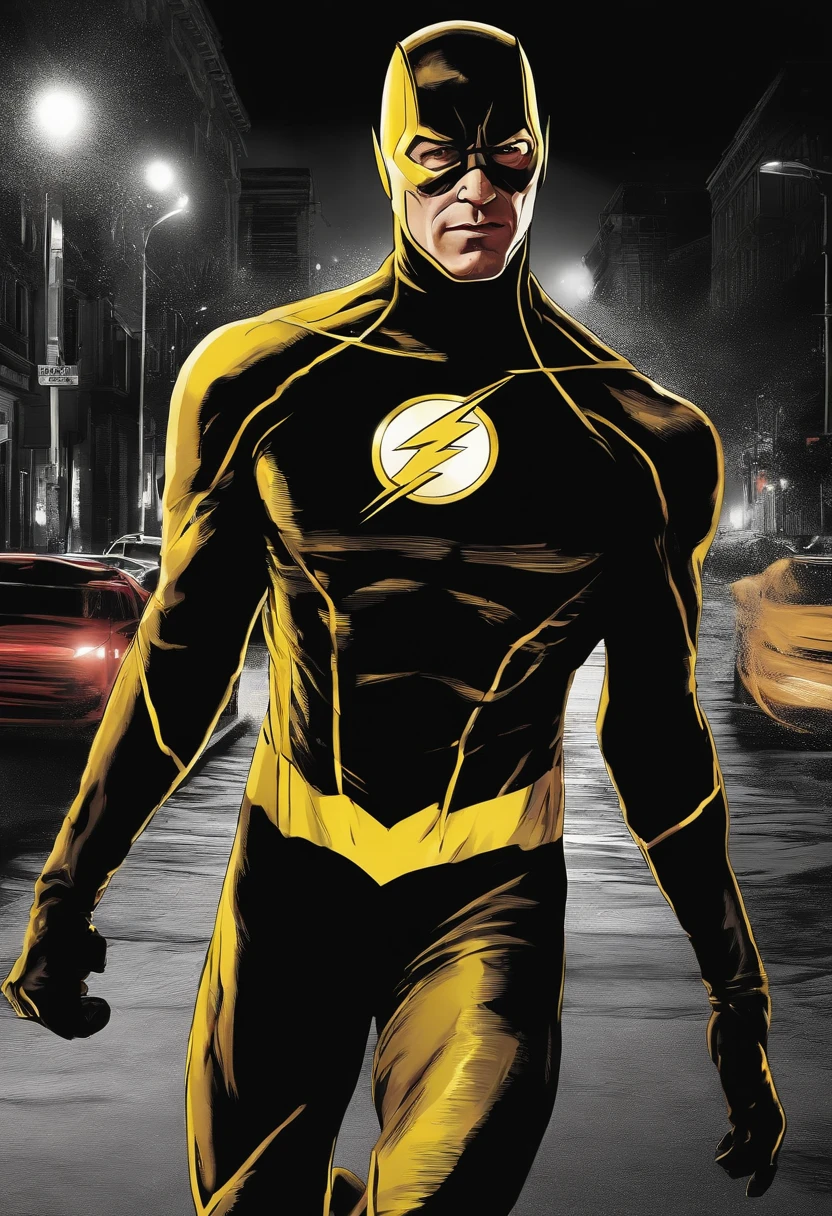 "Create an image of the Reverse Flash running around town at night, deixando rastros de energia negra em seu caminho.”