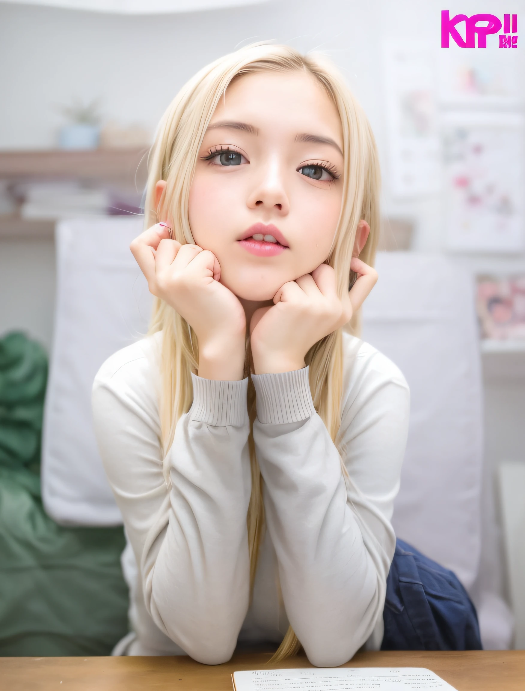 Chica de anime sentada en un escritorio con las manos en la barbilla, Colegiala realista, Colegiala hiperrealista, kawaii, Chica rubia de con cabello largo,