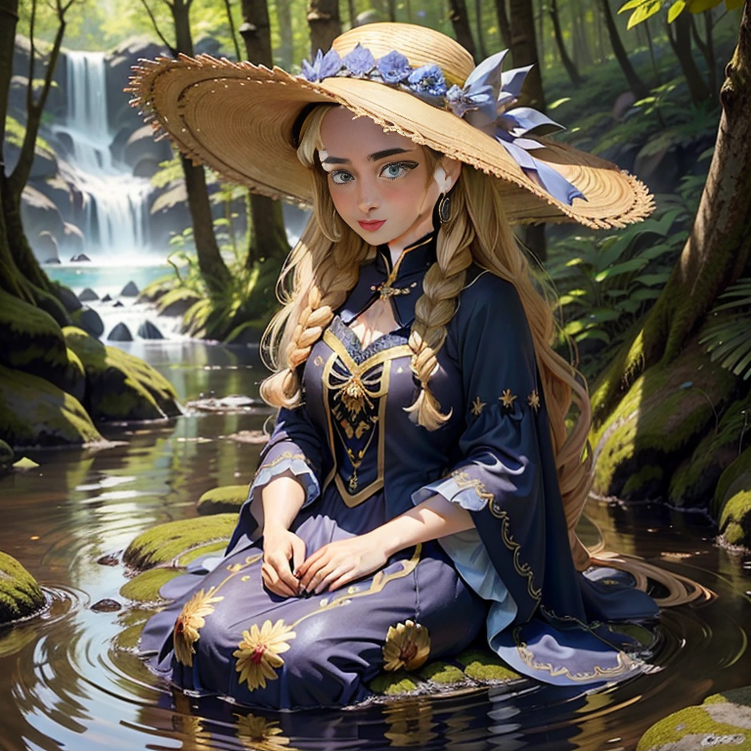 uma menina，beautiful face，Olhos brilhantes bonitos，longos cabelos loiros，Wearing a large-brimmed hat、Golden Hair Accessories and Star Earrings，Um lindo vestido azul，The dress is decorated with gold patterns and lace finish。Sit quietly at the water's edge in the forest,A floresta tem flores, trees and rivers。The sun shines through the trees, casting of gloss stains。The whole forest is sparkling,master part，Best quality at best