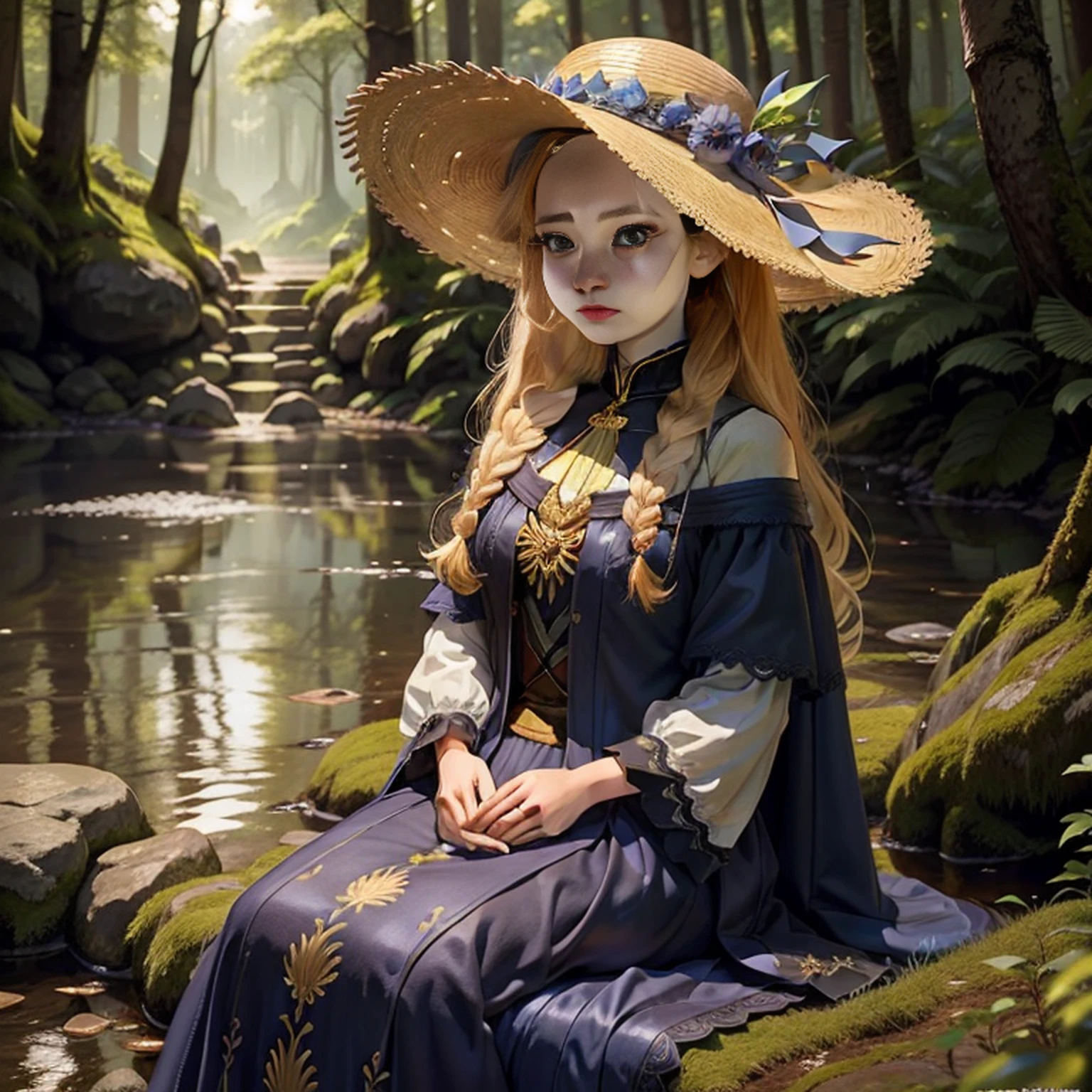 uma menina，beautiful face，Olhos brilhantes bonitos，longos cabelos loiros，Wearing a large-brimmed hat、Golden Hair Accessories and Star Earrings，Um lindo vestido azul，The dress is decorated with gold patterns and lace finish。Sit quietly at the water's edge in the forest,A floresta tem flores, trees and rivers。The sun shines through the trees, casting of gloss stains。The whole forest is sparkling,master part，Best quality at best