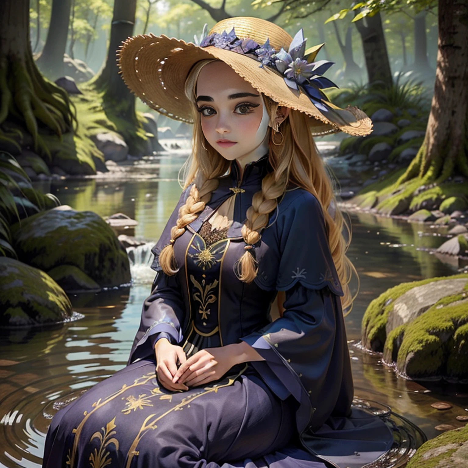 uma menina，beautiful face，Olhos brilhantes bonitos，longos cabelos loiros，Wearing a large-brimmed hat、Golden Hair Accessories and Star Earrings，Um lindo vestido azul，The dress is decorated with gold patterns and lace finish。Sit quietly at the water's edge in the forest,A floresta tem flores, trees and rivers。The sun shines through the trees, casting of gloss stains。The whole forest is sparkling,master part，Best quality at best