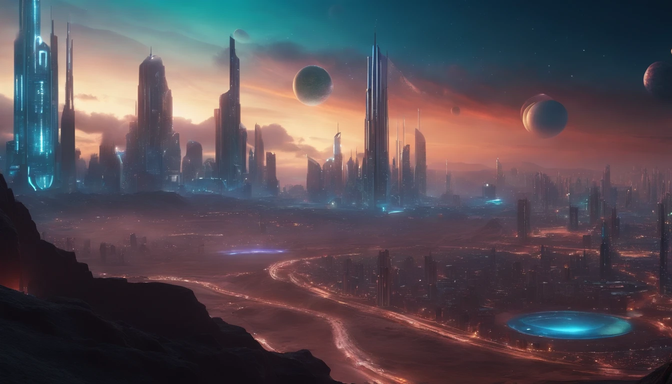3D-rendering, fundo da cidade cyberpunk, Macro panorama, ((wide panoramic wallpaper, 4k high definition, Realistic))sky with planets and stars.