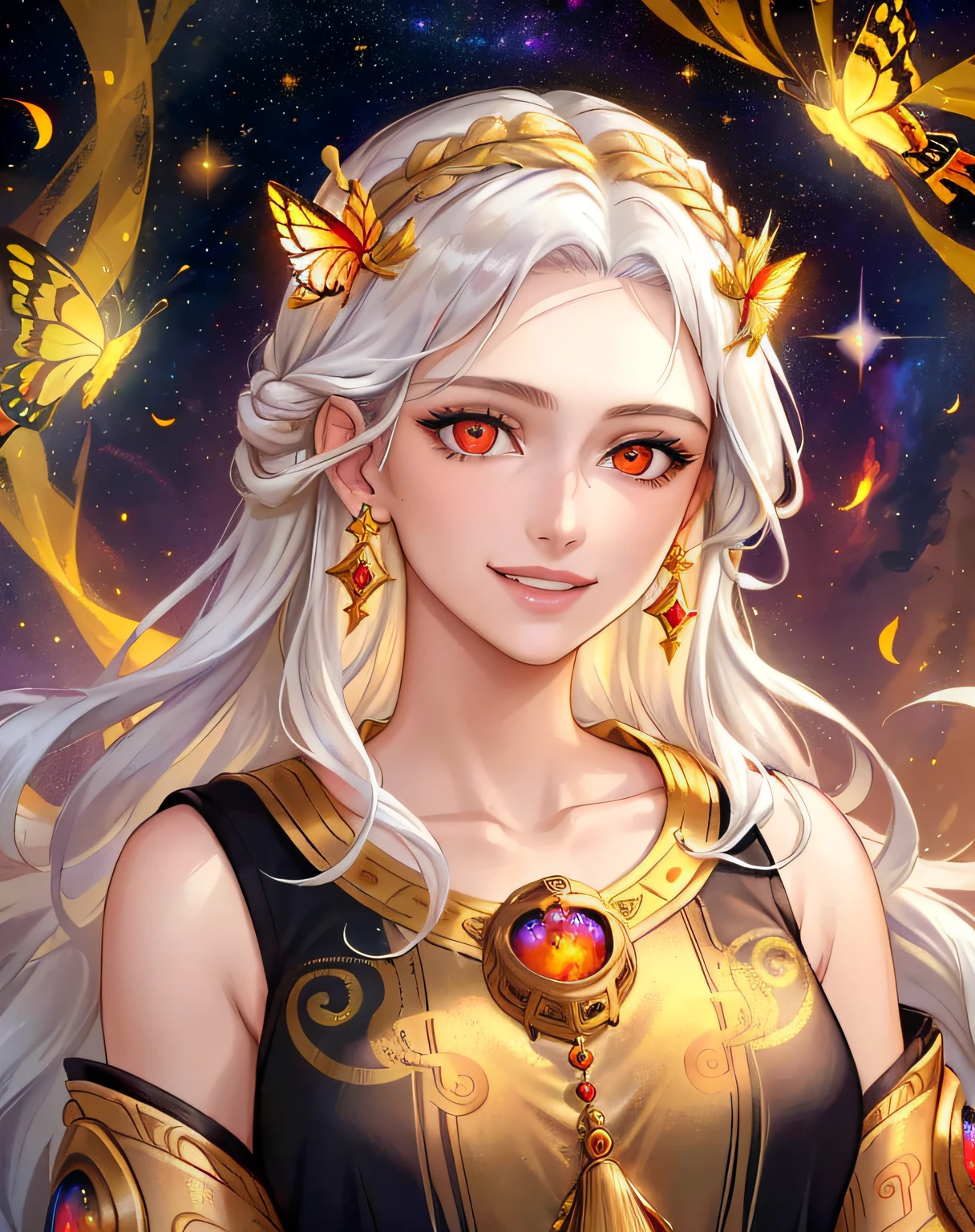 extremely detailed, hyper detailed, (PERFECT FACE), ((detailed eyes)) illustration, low lighting, 2d, intricate, detailed eyes, sexy, toned, (outside), White hair, red eyes. Surrounded by silver and gold nebulae, stars, sidereal winds and planets. ((extremely realistic shadows, masterpiece, extremely detailed, photorealistic)).  Goddess of hope and motherhood, a kind and loving smile is always present on her beautiful face. (1 woman ************) ((************)), beautiful and motherly face, (loving eyes) simple smile, long wavy hair, she wears an ancient Greek tunic, surrounded by butterflies of golden light.