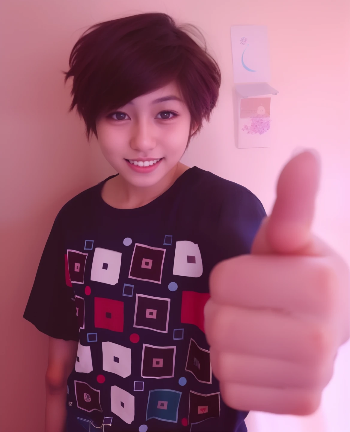 There is a beautiful girl giving a thumbs-up signal, with index finger, por :5 sexy: 7, pulgar hacia arriba, Liza Baez vtuber, 18 years old, foto de perfil, Dar el visto bueno hacia arriba, foto de perfil 1024px, Pulgares arriba, 1 6 years, miku Chan, con el pelo corto, 1 8 yo