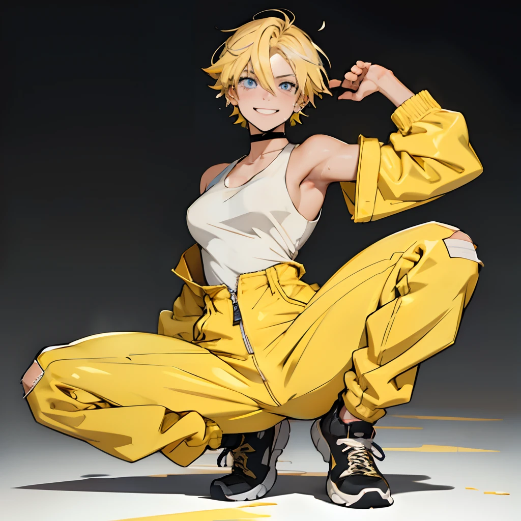 Create character, aice, colorful anime thick strokes, cracks, she is sweating a black jumpsuit, yellow shoes, yellow tank top, underneath the jumpsuit, dynamic full body pose, blue eyes, blonde hair, short hair, Band-Aid on the nose, smiling aice, anime style, wiit Studio traits.