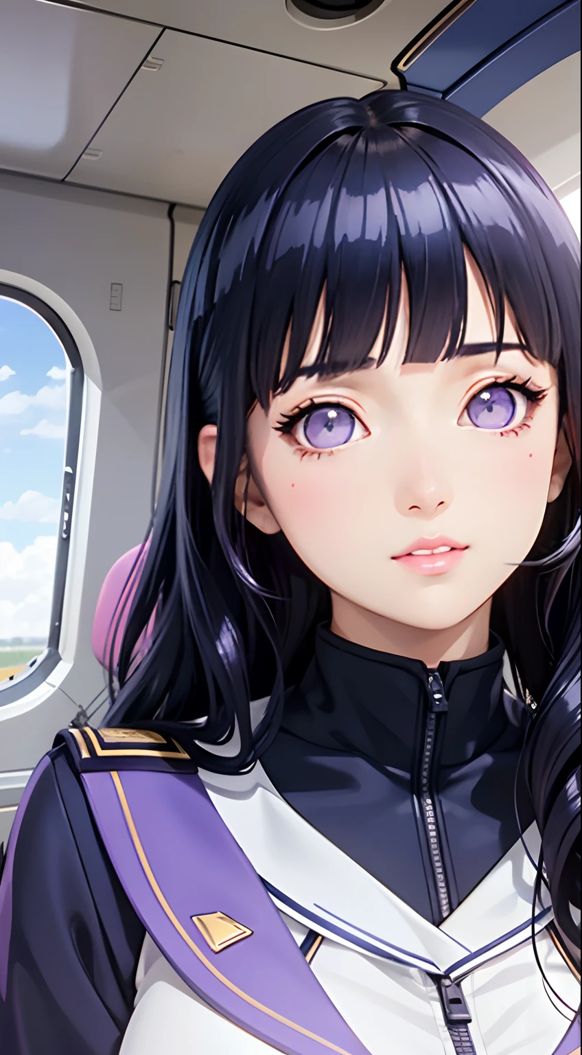 best quality, beautiful woman, wavy dark blue hair, purple eyes, barbiecore, intricate lavender pilot uniform, airplane cockpit interior, wavy hair, beautiful face, perfect face, big gorgeous eyes, soft smile, parted lips, perfect slim fit body, bright colors, soft tones, Blunt Bangs