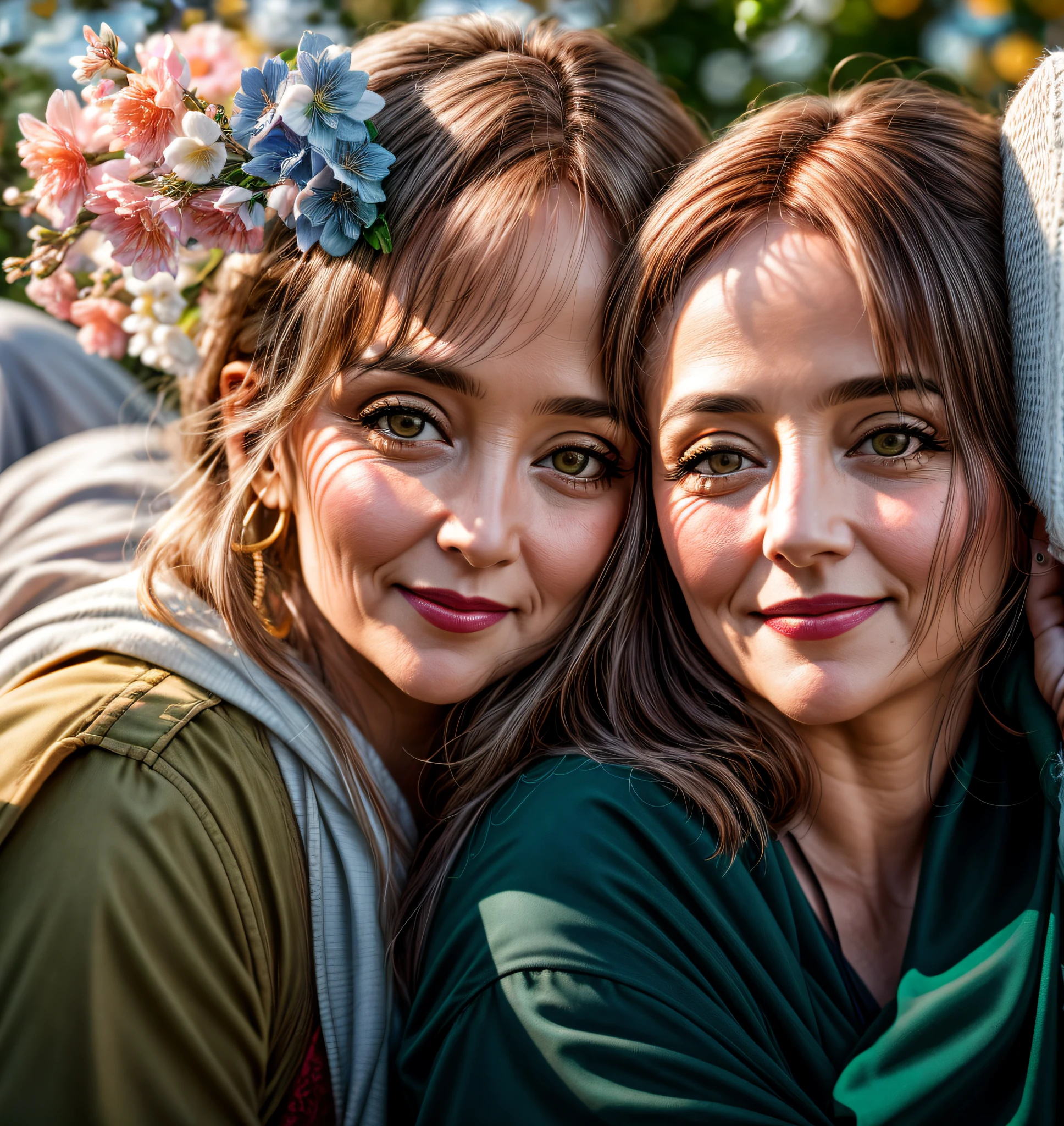 Two beautiful women, mother and daughter, looking at camera, shot with Sony Alpha a9 II and Sony FE 200-600mm f/5.6-6.3 G OSS lens, natural ligh, hyper realistic photograph, ultra detailed