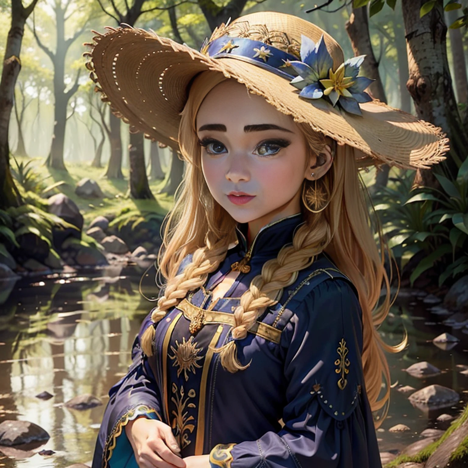 uma menina，beautiful face，Olhos brilhantes bonitos，longos cabelos loiros，Wearing a large-brimmed hat、Golden Hair Accessories and Star Earrings，Um lindo vestido azul，The dress is decorated with gold patterns and lace finish。Sit quietly at the water's edge in the forest,A floresta tem flores, trees and rivers。The sun shines through the trees, casting of gloss stains。The whole forest is sparkling,master part，Best quality at best