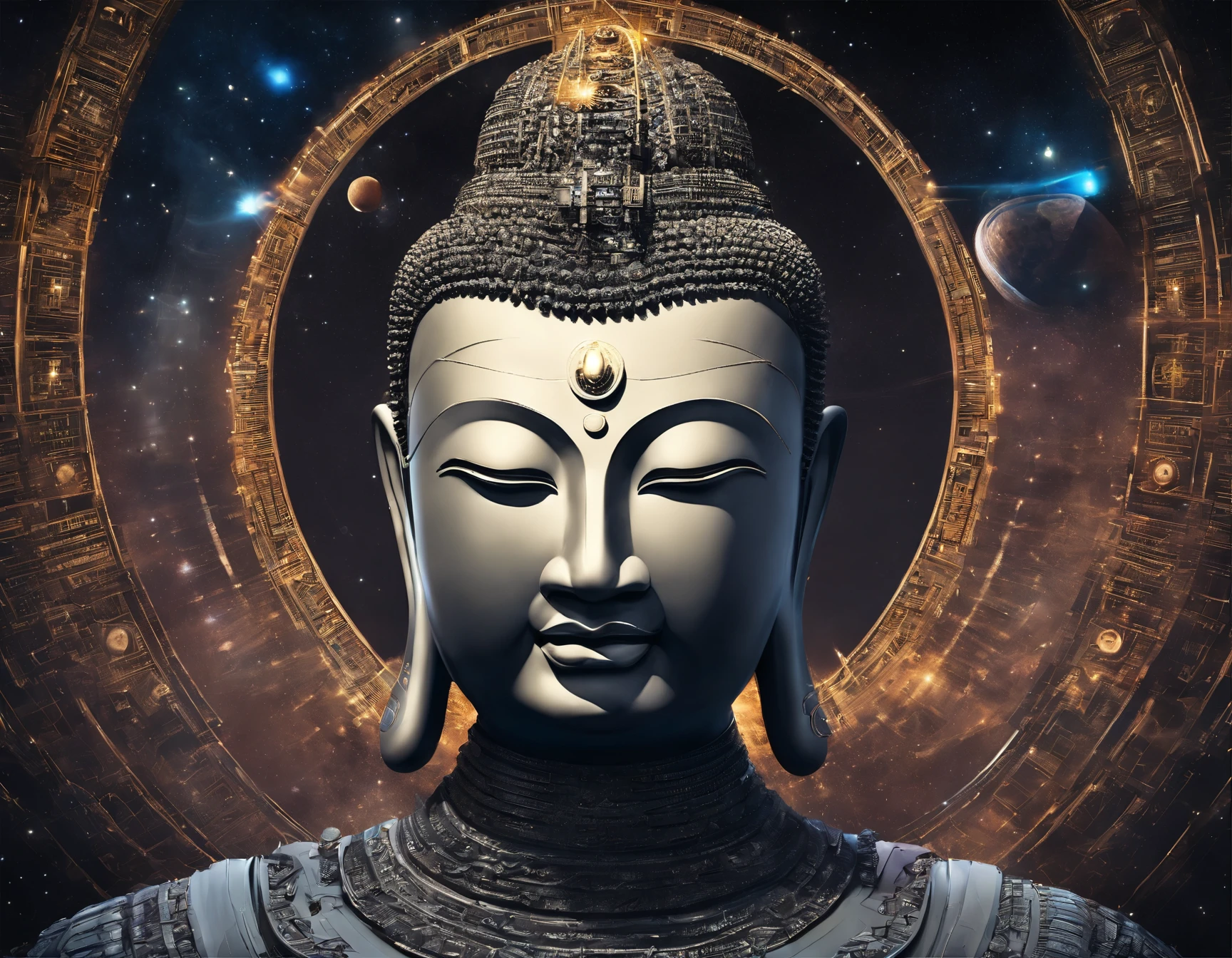 Interstellar，Endless space，The huge Maitreya Buddha statue rushed towards the huge space-time tunnel，Highly detailed portrait of a huge golden Buddha with the halo of the sun god，ssee-through，depth of fields，((Masterpiece))，(Best quality))，Magnificent space image scene，surrealism, Super detail, ccurate, Best quality, hyper HD, Masterpiece, Anatomically correct, A high resolution, 16k