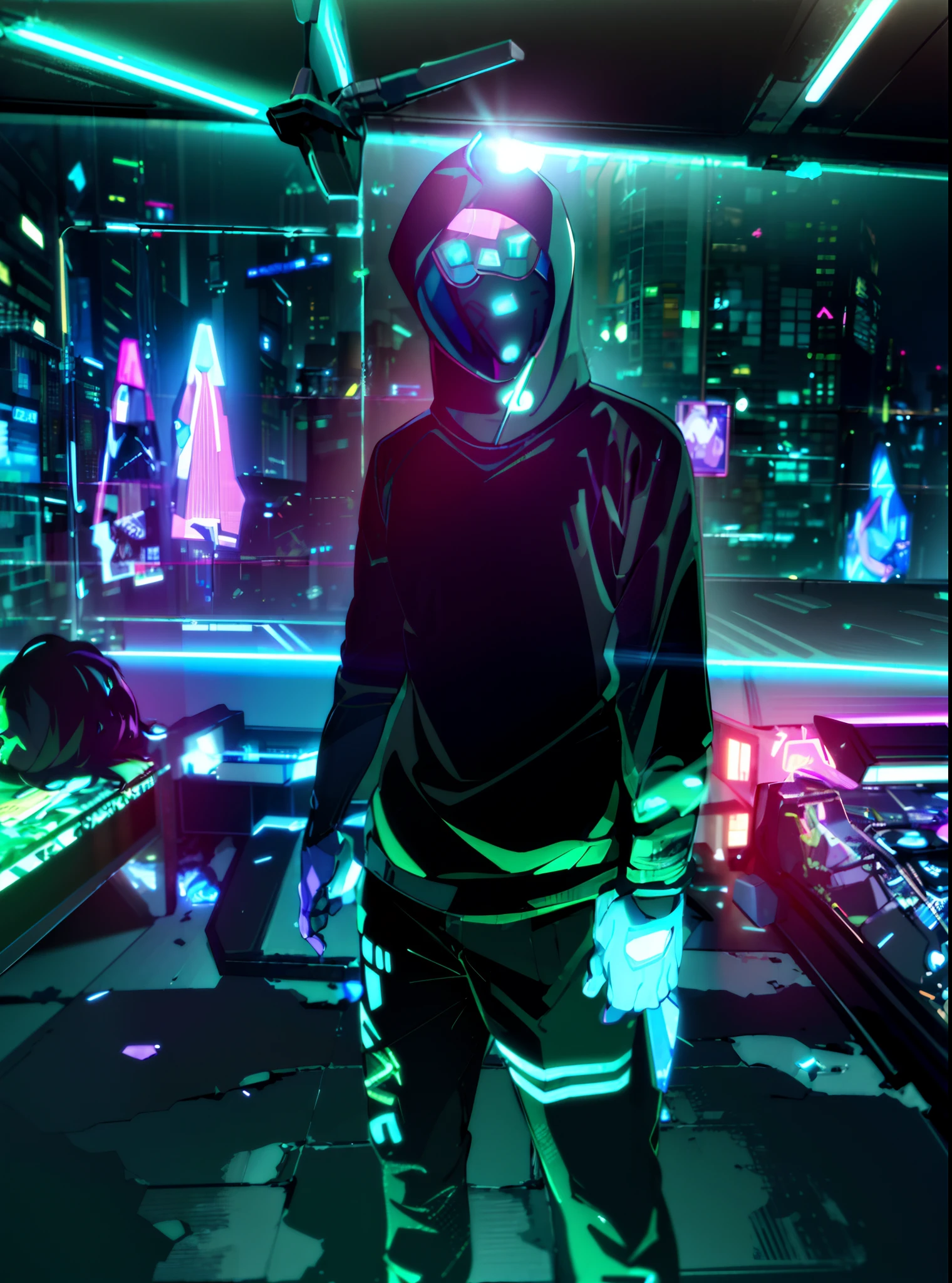 (masterpiece, detailed, highres:1.4), cyberpunk, cyberpunk 2077, neon cyberpunk night city background, metallic cybernetic silver hand in the foreground in frame, green-blue glitch effect around the hand, purple-pink neon glow