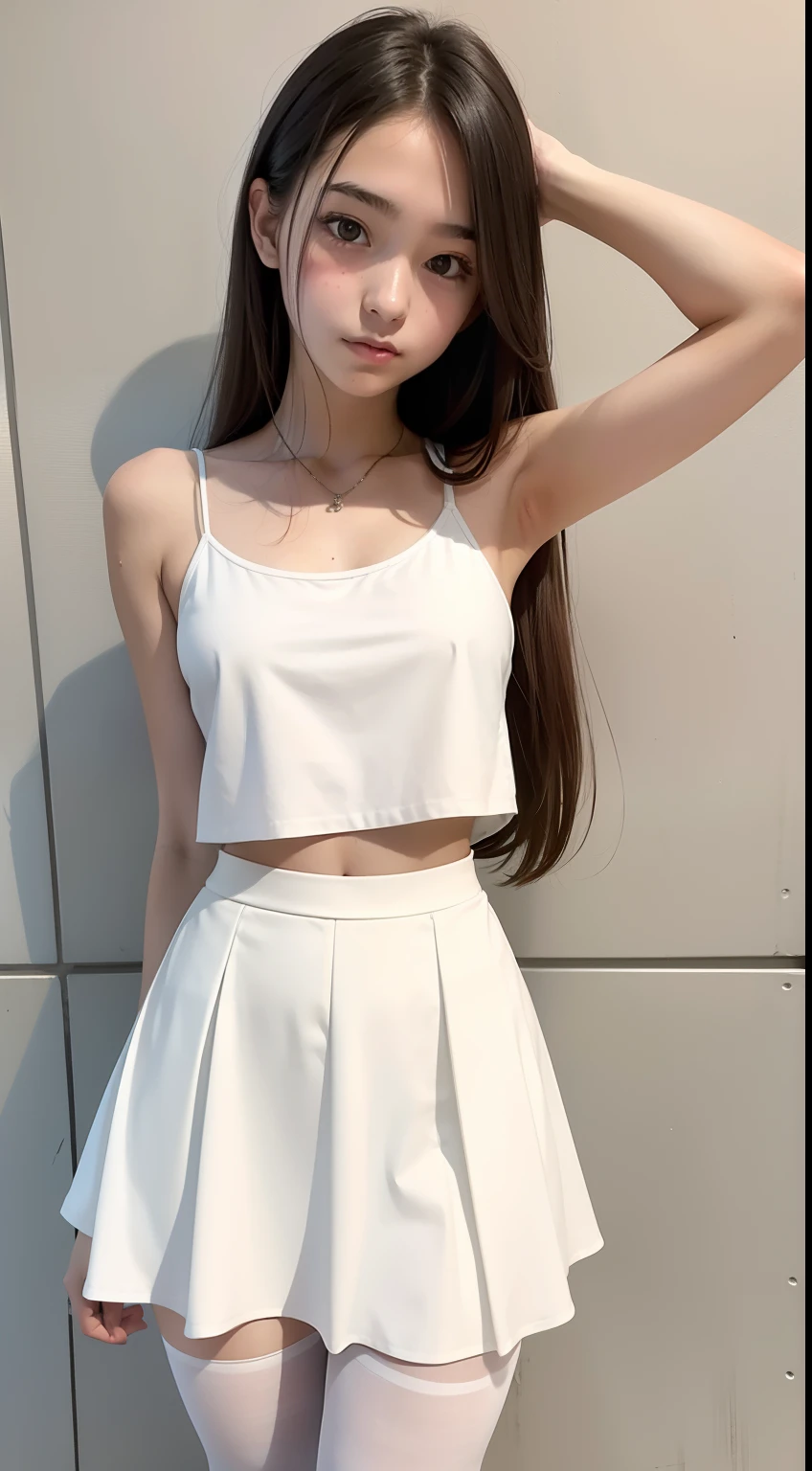  girl, thin, spaghetti strap tank top, skirt, holding_the_hem_of_her_skirt, white pantyhose, very long hair