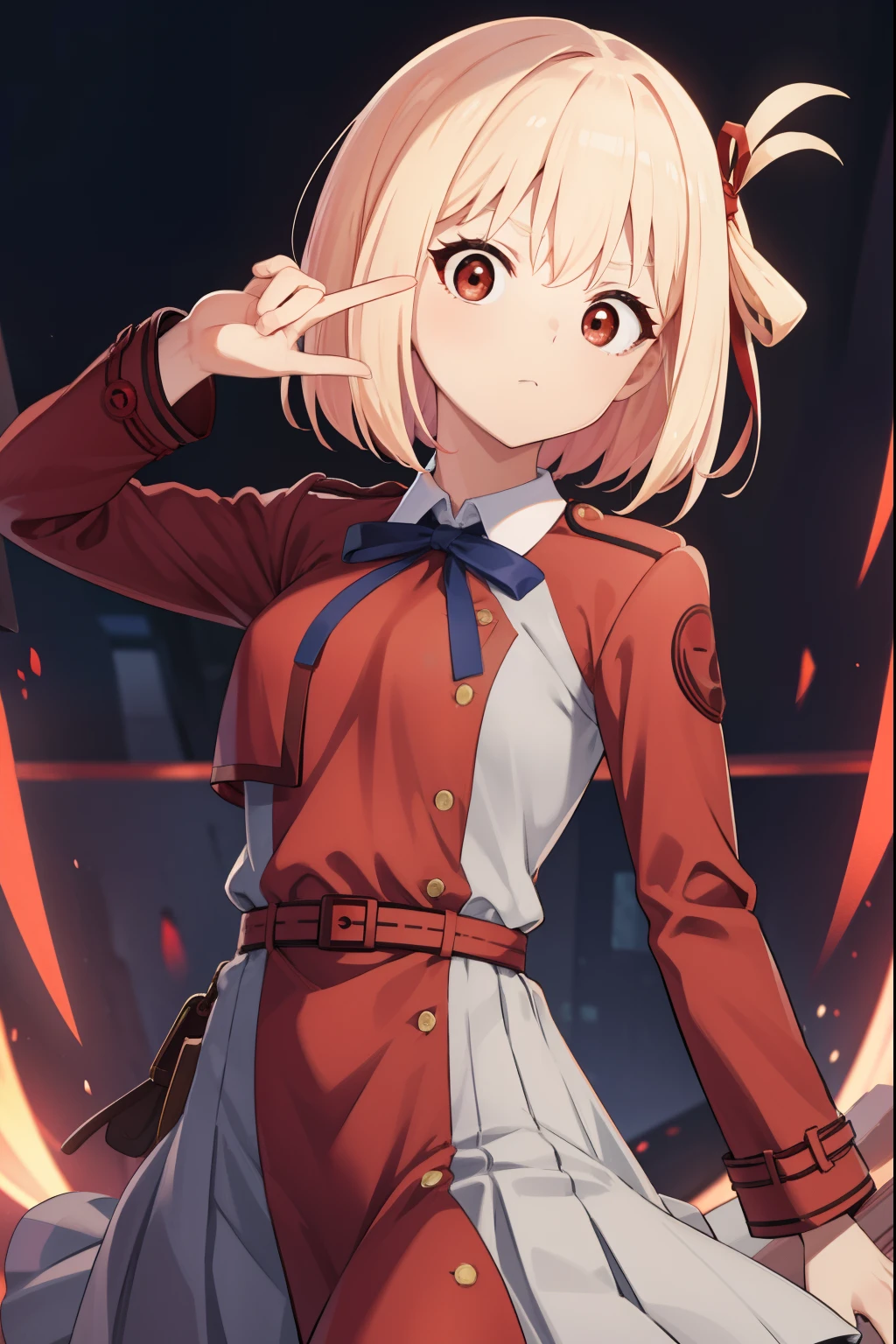 chisatonishikigi, nishikigi chisato, short hair, bangs, blonde hair, (red eyes:1.5), hair ribbon, one side up, bob cut,
BREAK shirt, long sleeves, dress, ribbon, white shirt, collared shirt, belt, neck ribbon, red dress, blue ribbon, pleated dress, grey dress, two-tone dress, red belt, lycoris uniform,,
BREAK outdoors, city,
BREAK looking at viewer, BREAK (masterpiece:1.2), best quality, high resolution, unity 8k wallpaper, (illustration:0.8), (beautiful detailed eyes:1.6), extremely detailed face, perfect lighting, extremely detailed CG, (perfect hands, perfect anatomy),