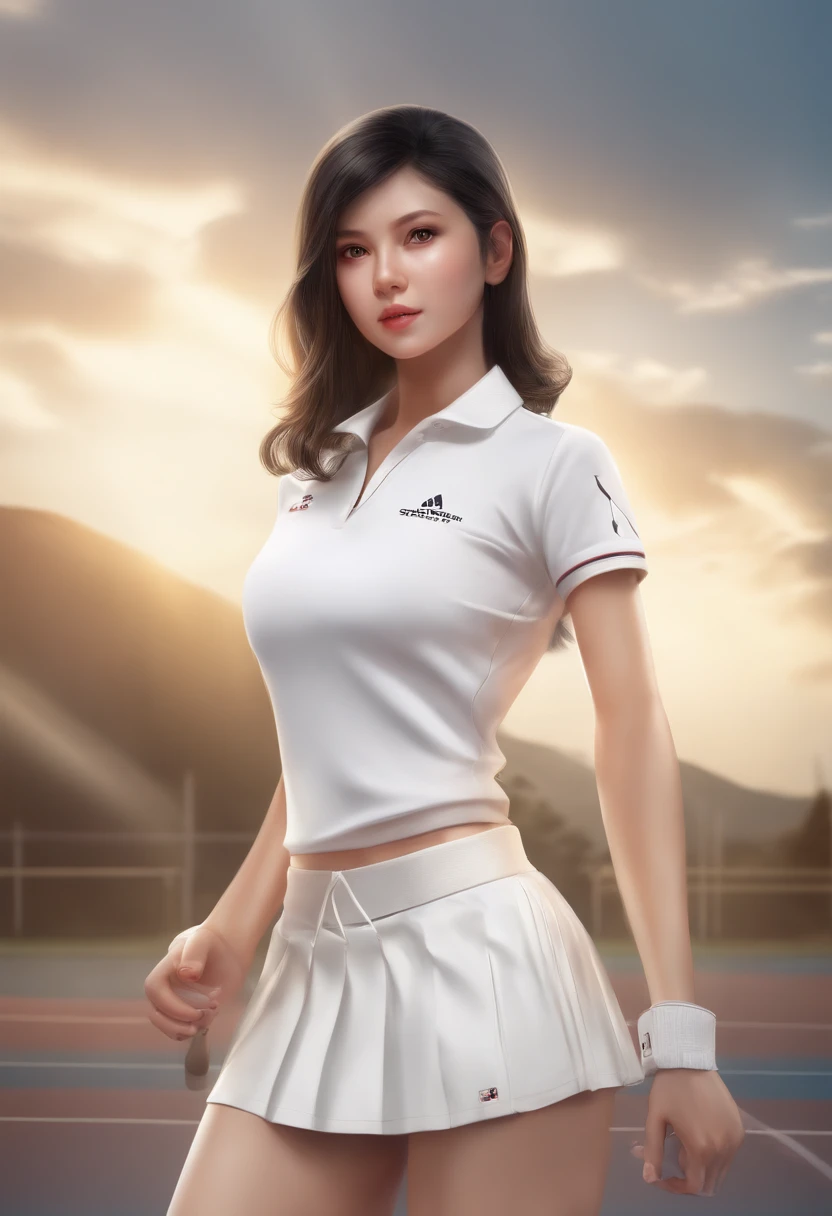 1girl, solo, white polo shirt, white sneakers, tennis wear, white miniskirt, masterpiece, best quality, realistic, hyper-detailed, (shiny skin, sweaty:1.4), absurd, looking at viewer, short black hair, brown eyes, slender, dynamic lighting, high resolution, sharp focus, depth of field, detailed eyes, sharp pupils, realistic pupils, (small breasts:1.6), (thick thighs:1.0), outdoor, sky