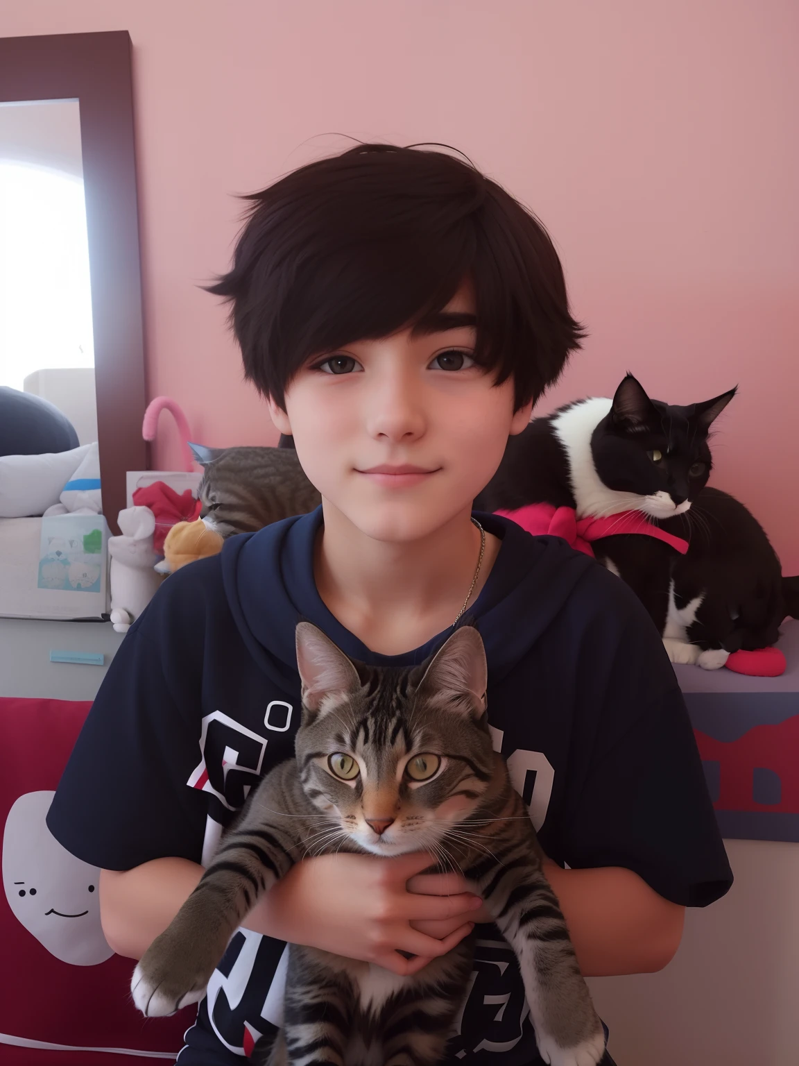 There is a beautiful girl holding a cat in her arms, she is about 1 6 years old, Boy with cat ears and tail, Sosteniendo a un gato, with small cat on his lap, tommy 1 6 years old, She is holding a cat in her arms, Grandes mejillas sosteniendo a su gato, 1 6 years, around 1 9 years old