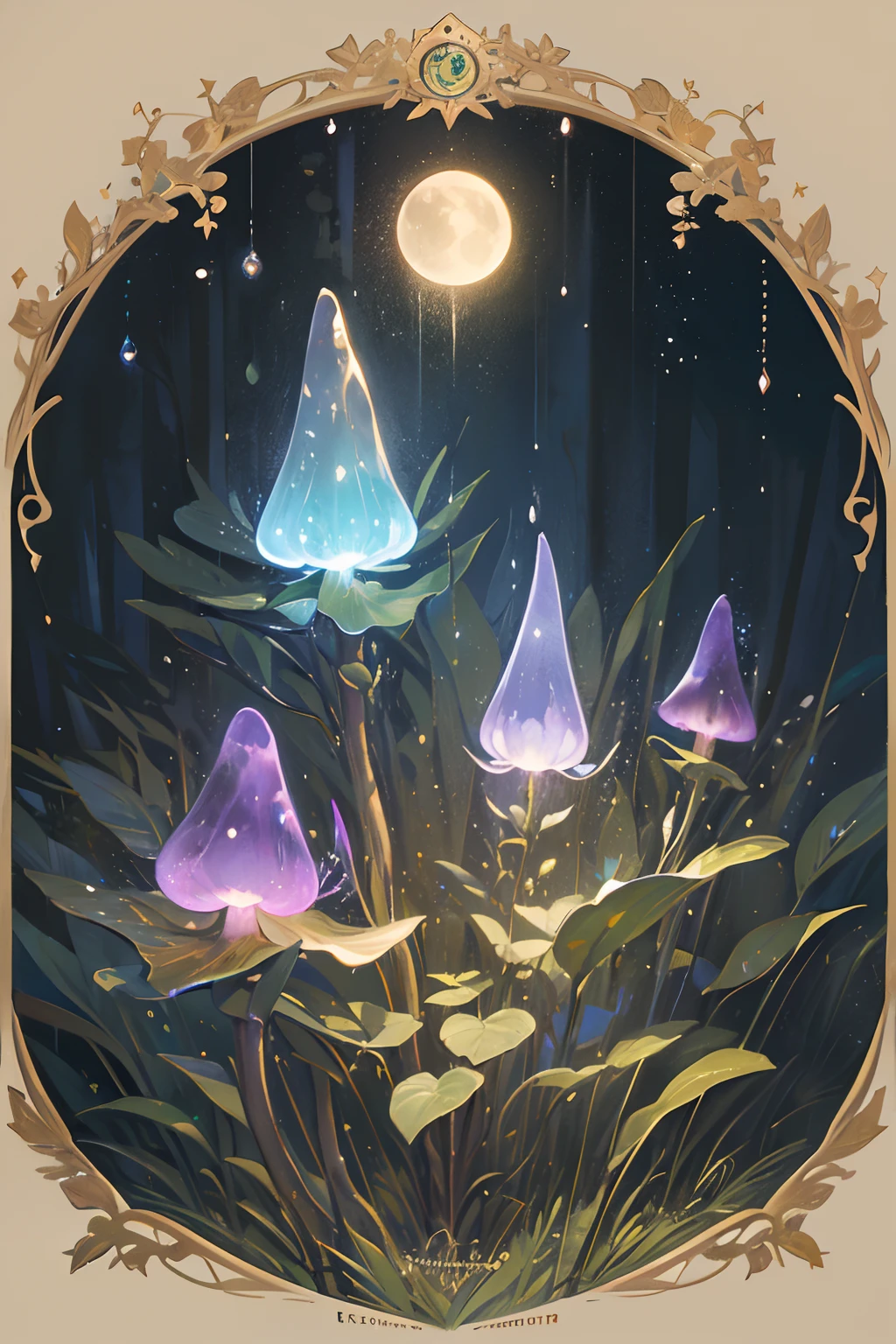 Vintage Victorian style Precise vintage encyclopedia (best quality:1.2), (detailed:1.2), (masterpiece:1.2), vintage illustrations of magical forest at night, botanical, ((without people)) ((nobody)) iridescent light, raindrops, moonlight, glowing plants and mushrooms, pine trees