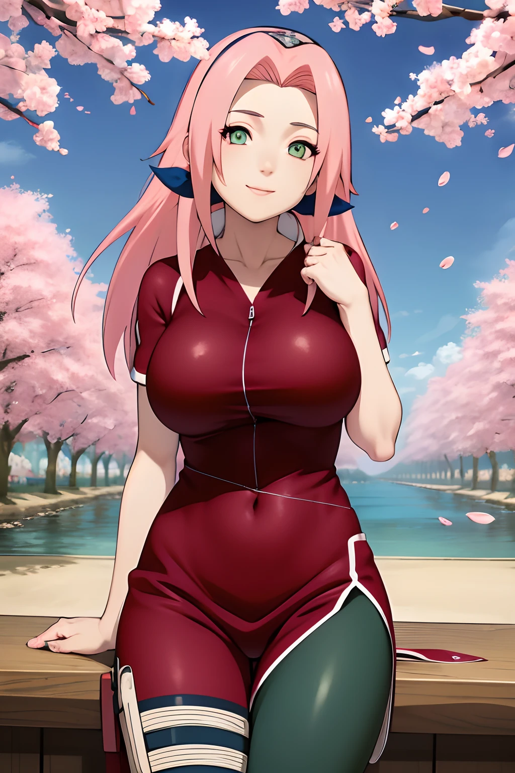 tmasterpiece， Best quality at best， 1girll， Sakura Haruno， Large breasts, smile，with pink hair， long whitr hair， （Green eyeballs:1.4)， Forehead protection， the cherry trees，Cherry blossoms flying，Red clothes in anime style ，tight pants at thighs, wallpaper, thighs